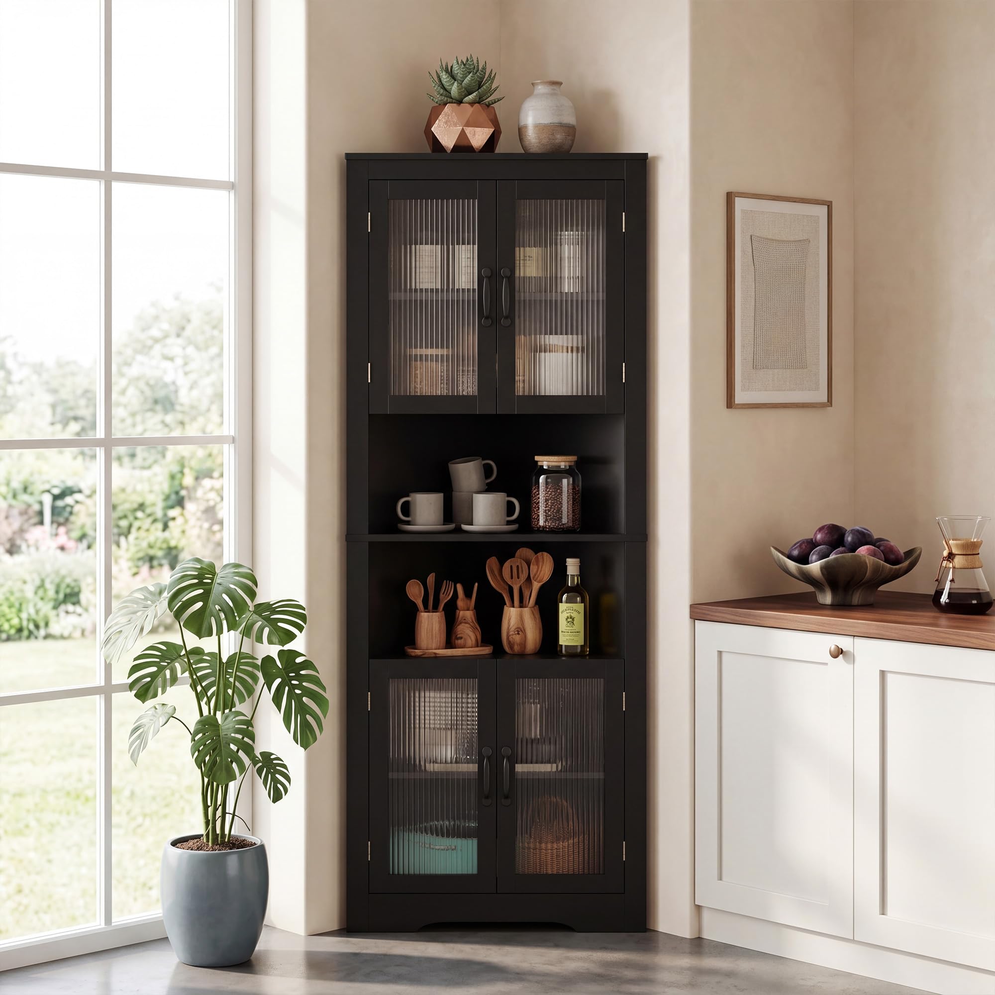 LIFEZEAL Mobile Bagno Angolare Salvaspazio, Armadio Bagno ad Angolo 66 x 35 x 171 cm, Credenza Cucina, Dispensa, con 6 Scomparti, 4 ante e 2 Ripiani Aperti, per Soggiorno, Cucina (Nero)