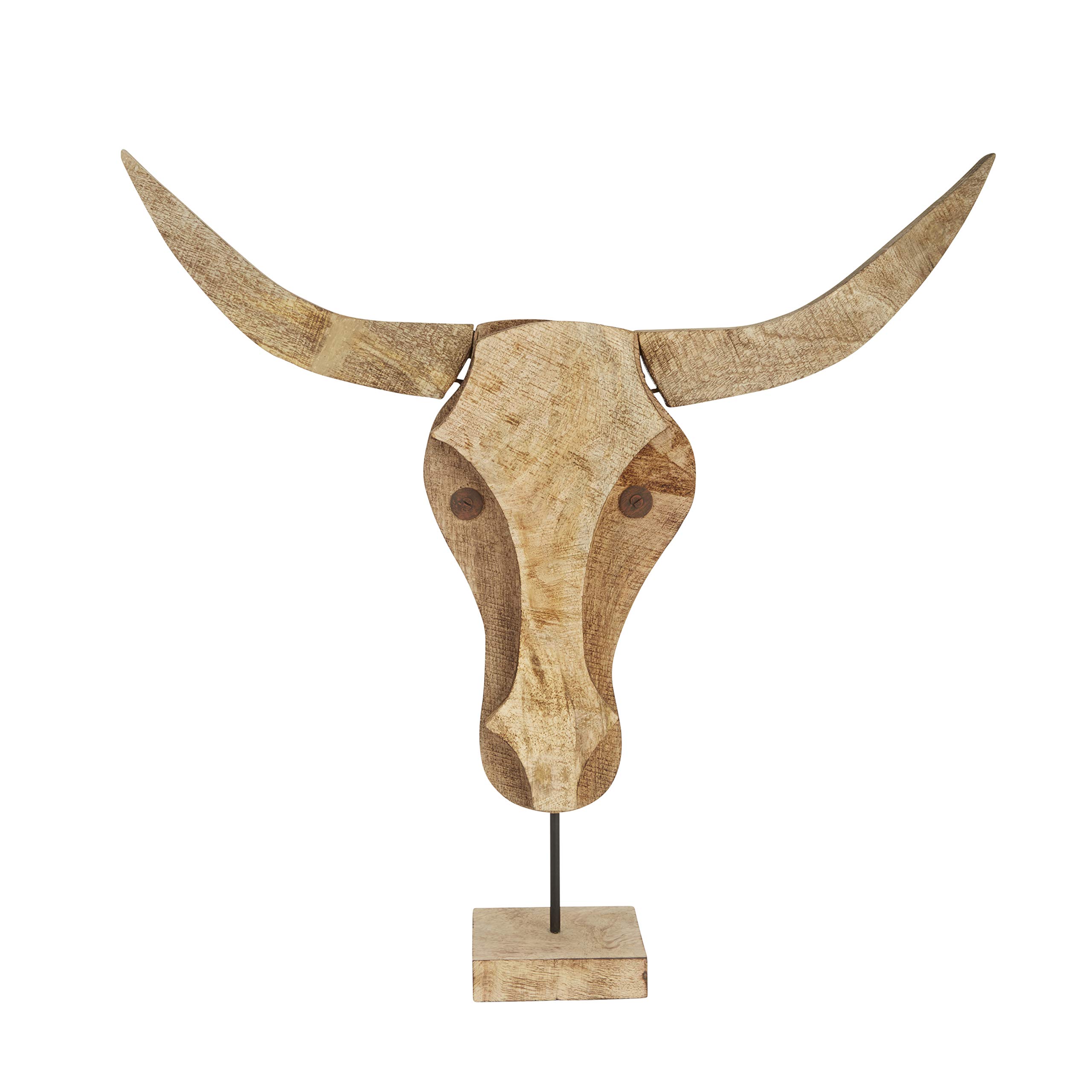 Benjara 25 Inch Bull Head Decor with Block Base, Brown