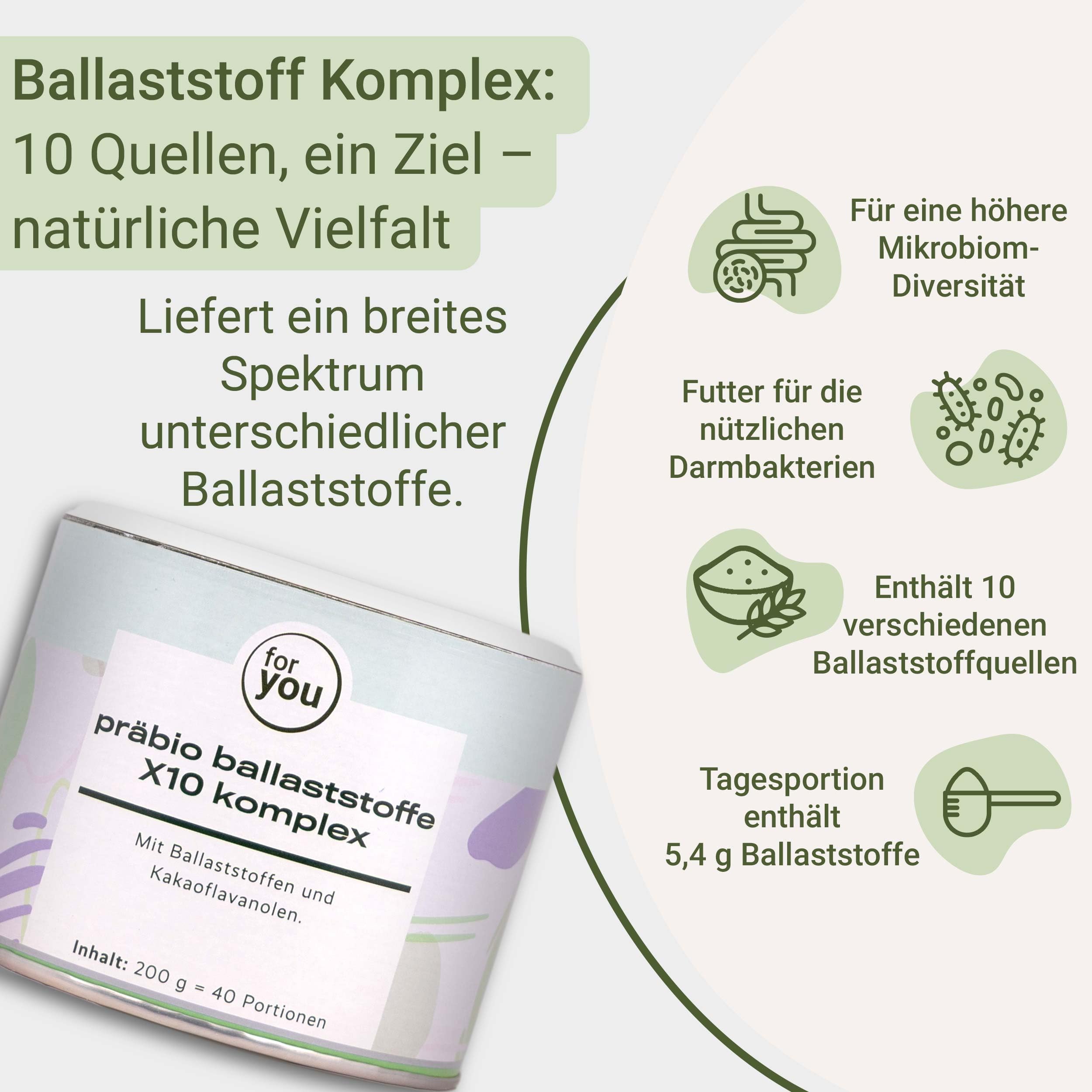for you Präbio Ballaststoffe X10 Komplex 2x200g – 10 Ballaststoffquellen mit Flohsamenschalen, Apfelfaser & resistenter Stärke – Ballaststoff Pulver mit Kakaoflavanolen – vegan & glutenfrei