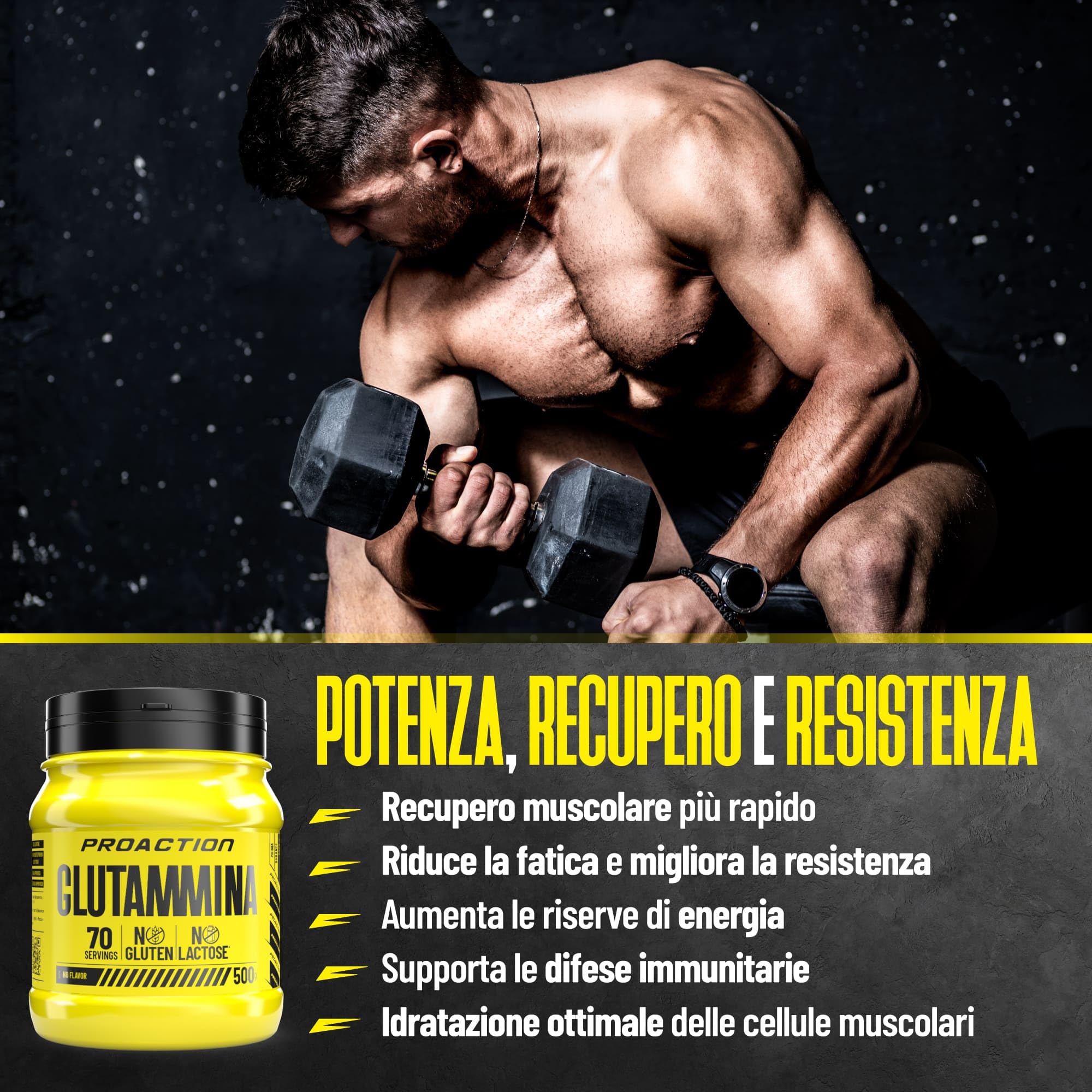 ProAction Glutammina in Polvere | L-Glutammina 100% Pura | Recupero Muscolare & Energia Post-Allenamento | Senza Glutine & Lattosio | 70 Porzioni | 500g