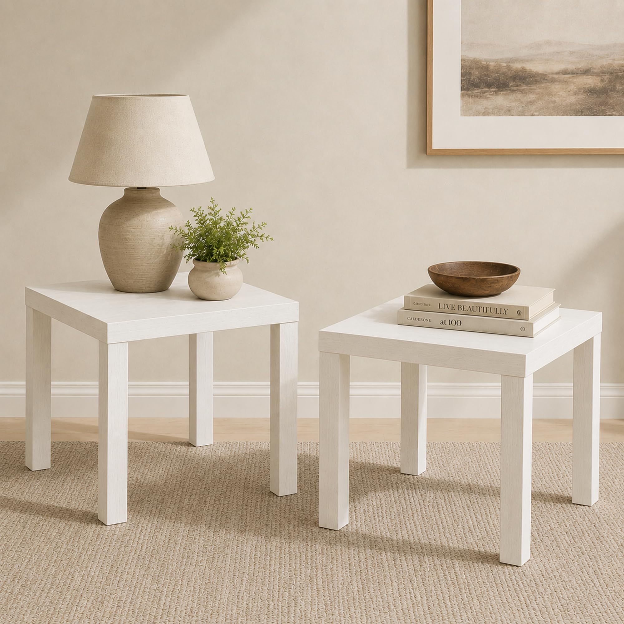 Furinno CLASSIC Toolless Assembly Square Side Table Set of 2, White End Table with 1.8 Thick Tabletop, Night Stand, Bedside Table, for Living Room, Bedroom, Plain White
