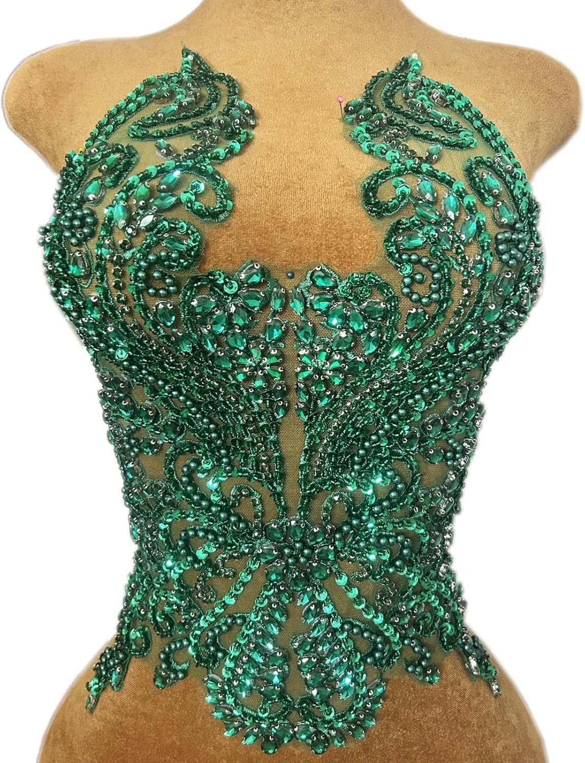 Front Bodice Beaded Sewing Patches Patch Appliques,with Loose Rhinestones Crystals Sew on Lace DIY for Clothing Wedding Prom Dance Dresses (Gold)