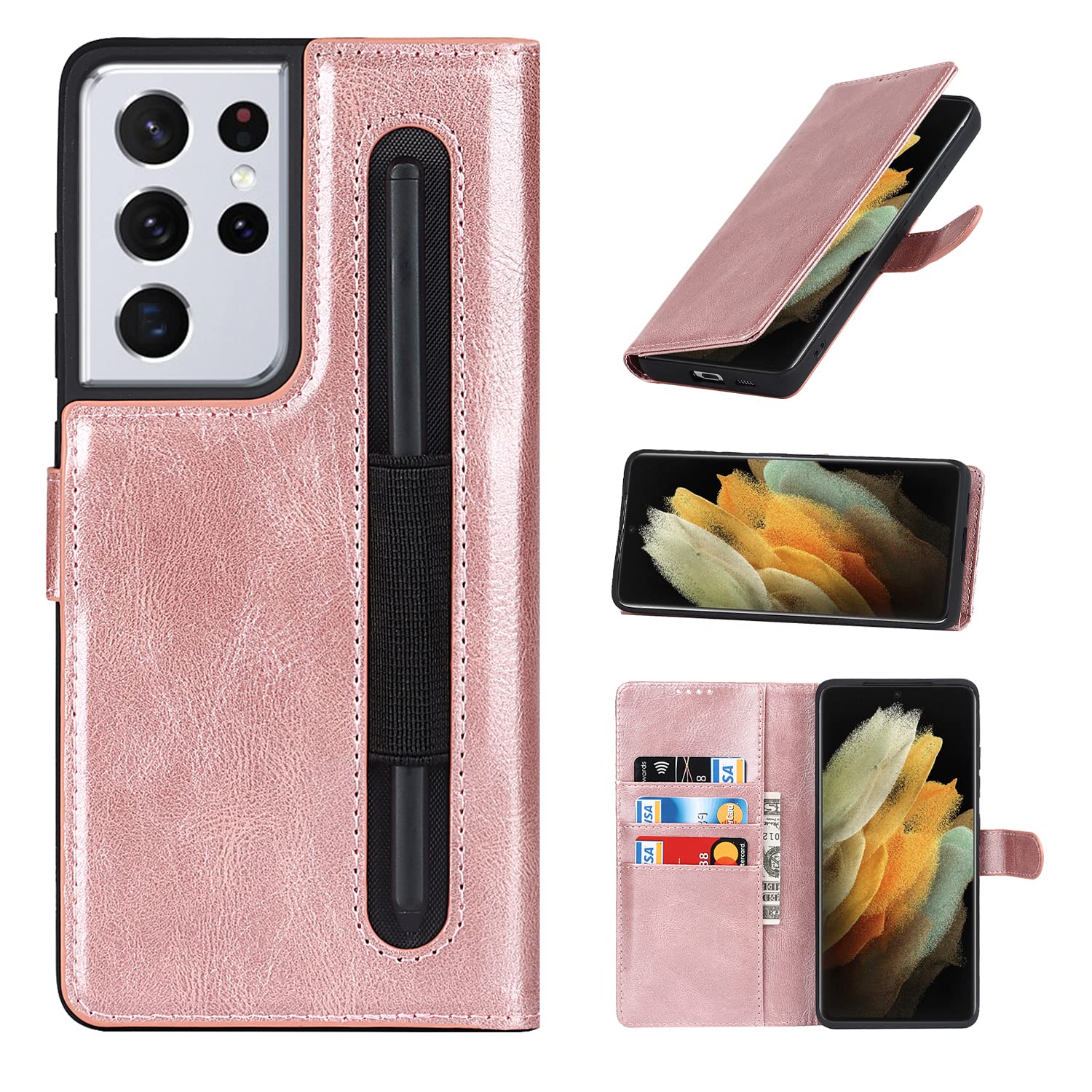 SailorTech Samsung Galaxy S21 Ultra 5G Wallet Case, Premium PU Leather Cases Flip Folio Cover with S Pen Holder Stand Function Magnetic Buckle Card Slots Shockproof Protective Phone Case-Rose Gold