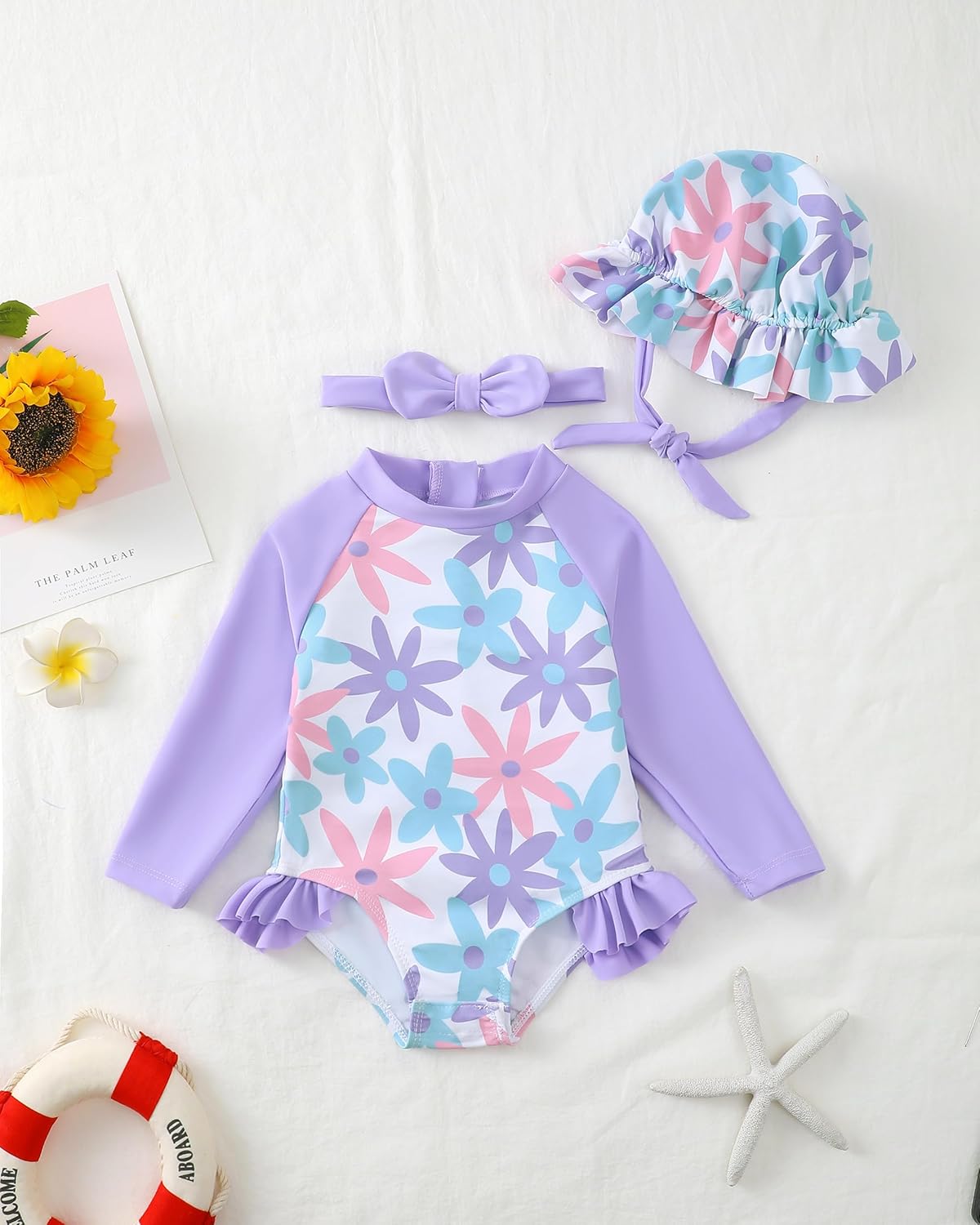 Renotemy Baby Girls Swimsuit Summer Infant Girl Bathing Suit Zipper Long Sleeve One-Piece Rash Guard Swimwear with Hat 3M-3Y - Image 3