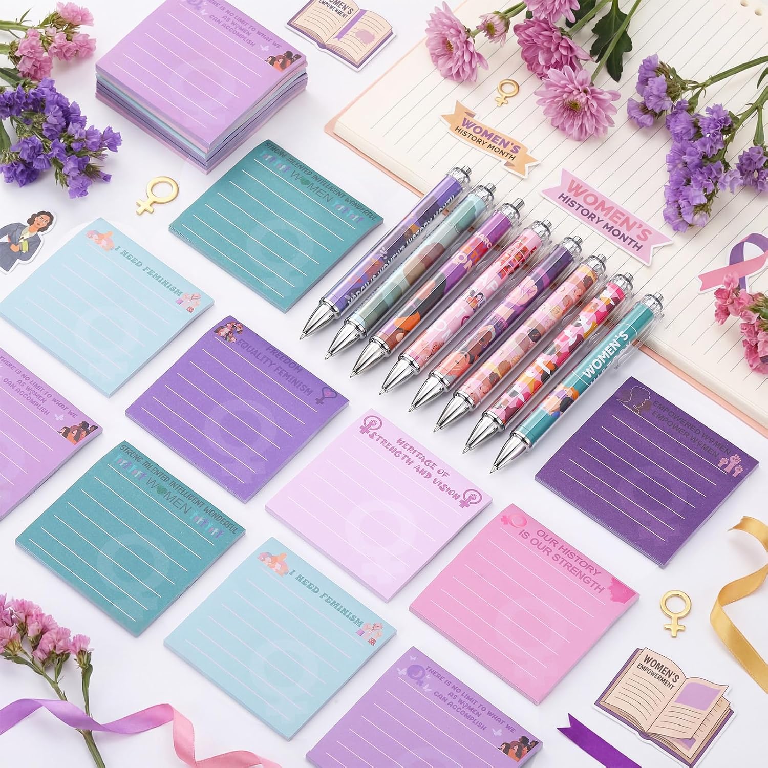 24 Sets Women's History Month Gifts Bulk Include Funny Ballpoint Pens and Sticky Notes Freedom Equality Feminism Gift for International Womens Day Female Awareness Stationery Supplies - Image 4