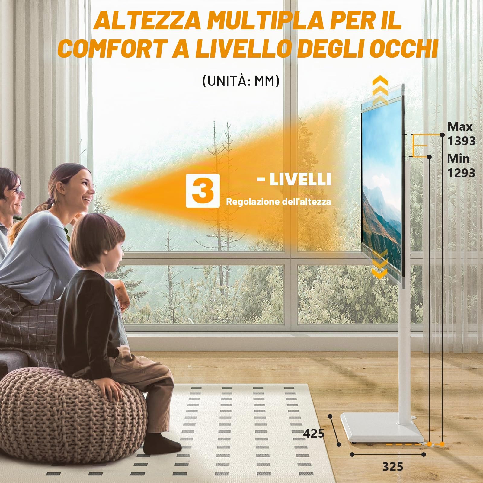 TVON Supporto TV da Pavimento per TV da 32 a 60 pollici Supporto TV Alto con Piedini di Supporto, Supporto TVs ad Angolo Sottile Regolabile in Altezza, Girevole, Max VESA 400x400mm fino a 40kg
