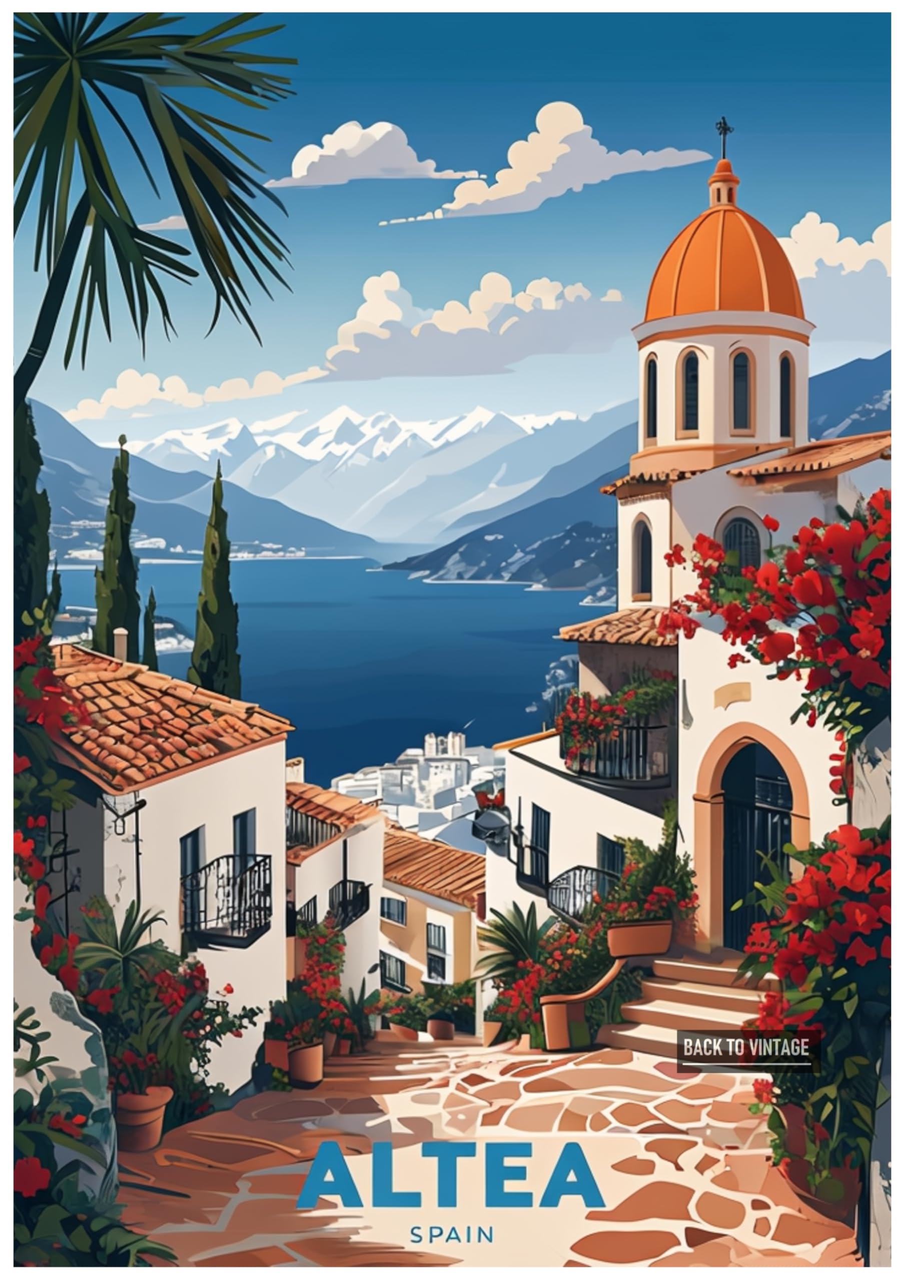 Back To Vintage Multicoloured Vibrant Tropical Poster Art Of Altea Spain - Retro Europe Travel Poster A4 Size Vintage Wall Art Print Of Famous European Destinations Ideal For Home Or Office Decor