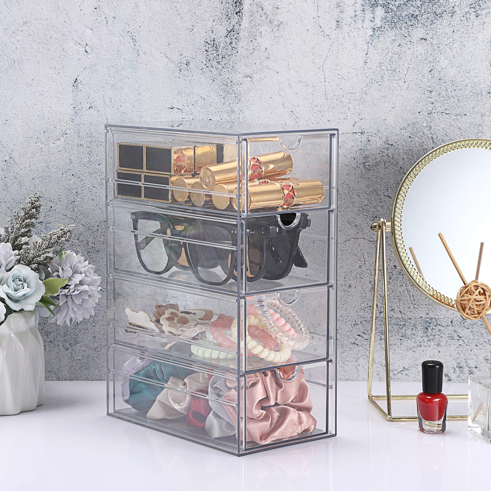 SUMTree Clear Desk Organizer Box with 4 Drawers, Plastic Stackable Desktop Storage Box - Image 4