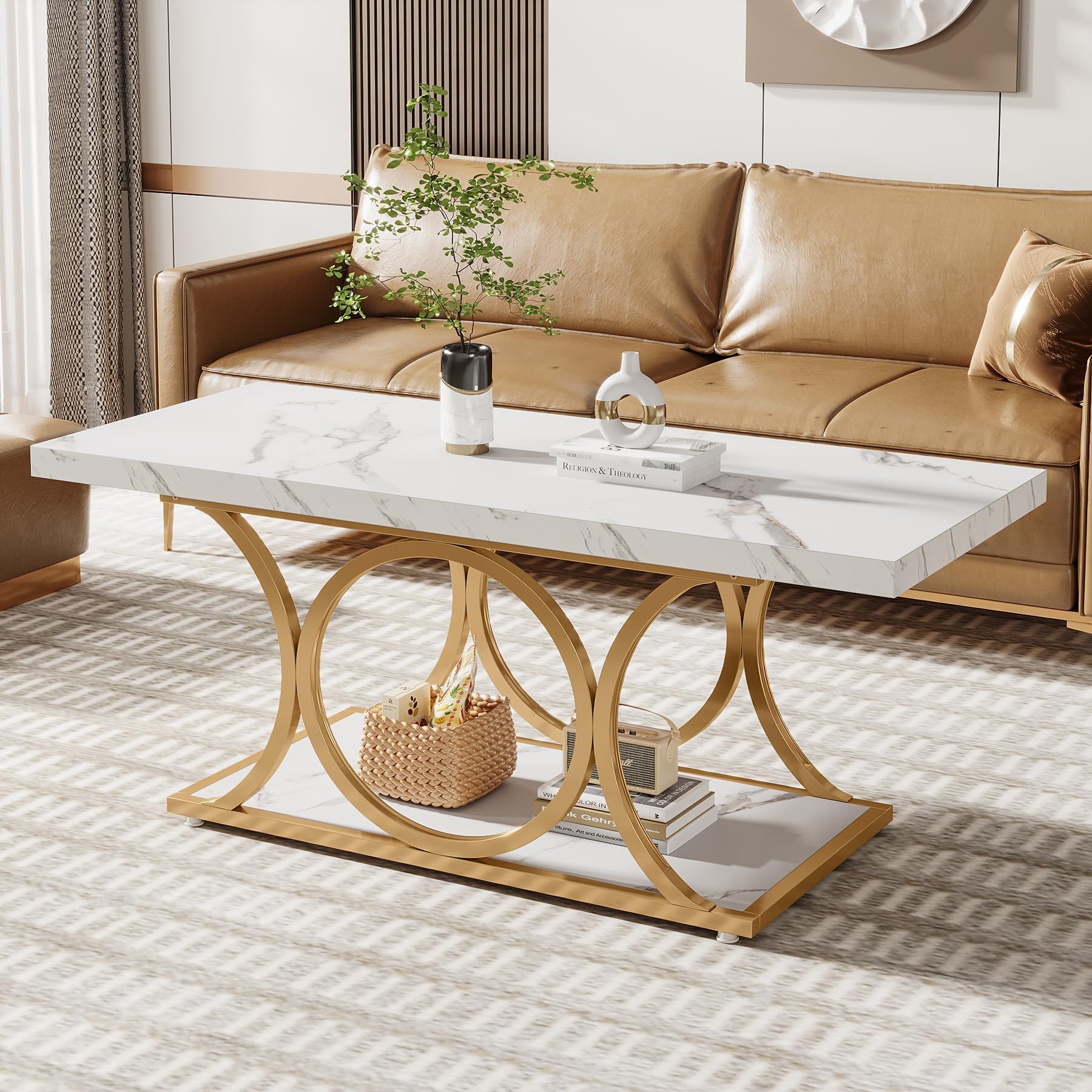 Tribesigns 46.45” Rectangle Coffee Table, Modern Coffee Tables for Living Room, 2-Tier Faux Marble Wood Coffee Table with Geometric Legs, Furniture with Storage Shelf (White & Gold)