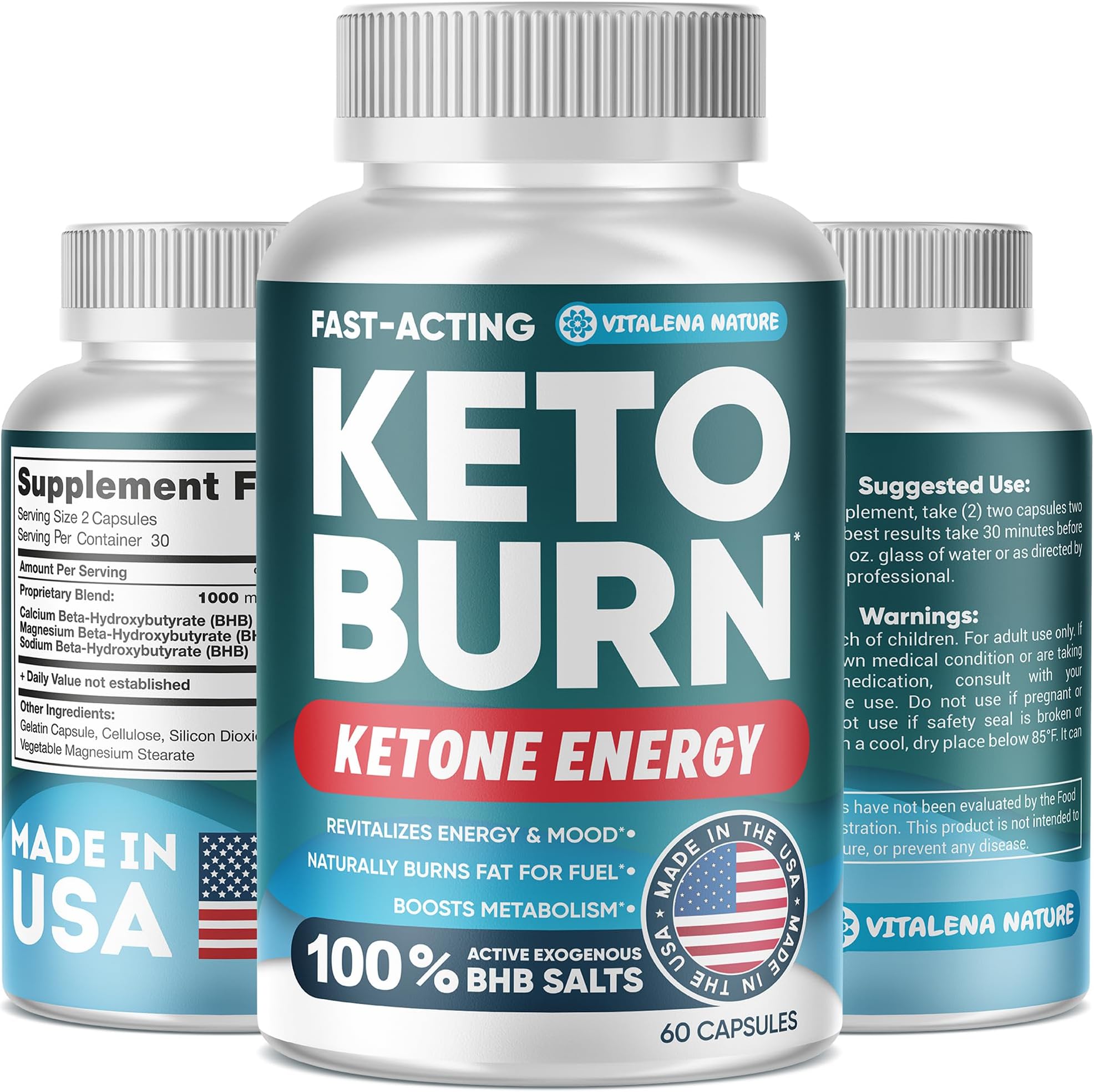 VITALENA NATUREKeto Pills with Pure BHB Exogenous Ketones - Effective Keto Pills Made in USA - Advanced Keto Supplement for Ketosis Support - Keto BHB - 60 Capsules