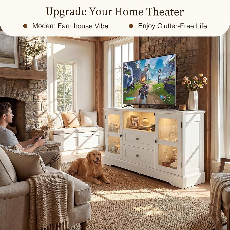55 Inch TV Stand for TVs up to 60", Entertainment Center with 2 Large Storage Drawers & RGB Lights, Wood Media Console Table with Hidden Power Outlets and Tempered Glass Doors, White image 2