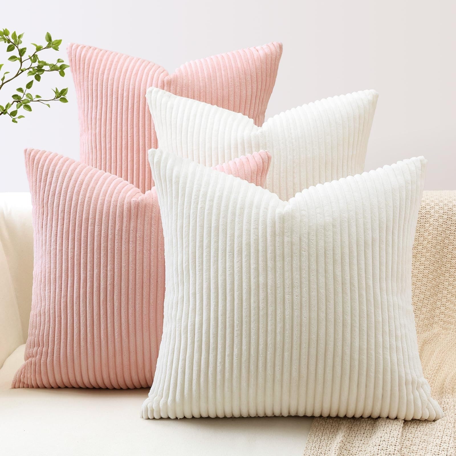 MiDuoHU Set of 4 Striped Corduroy Square Throw Pillow Case Soft Cushion Covers Sham Decorative Fluffy Pillowcases for Sofa Couch/Bedroom(50x50cm (Pack of 4))