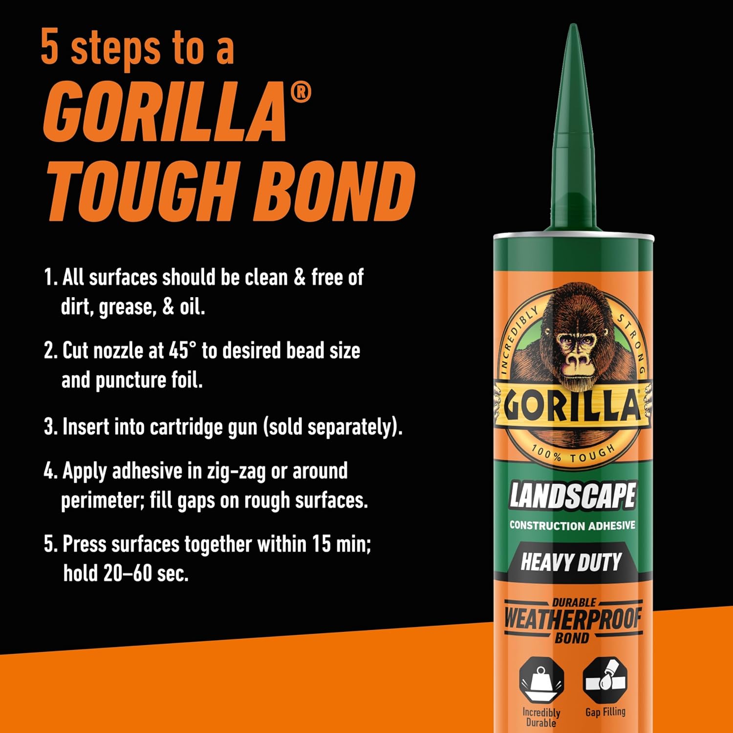 Gorilla Landscape Construction Adhesive, Heavy Duty Weatherproof Bond, Gray, 9 fl. oz. Cartridge