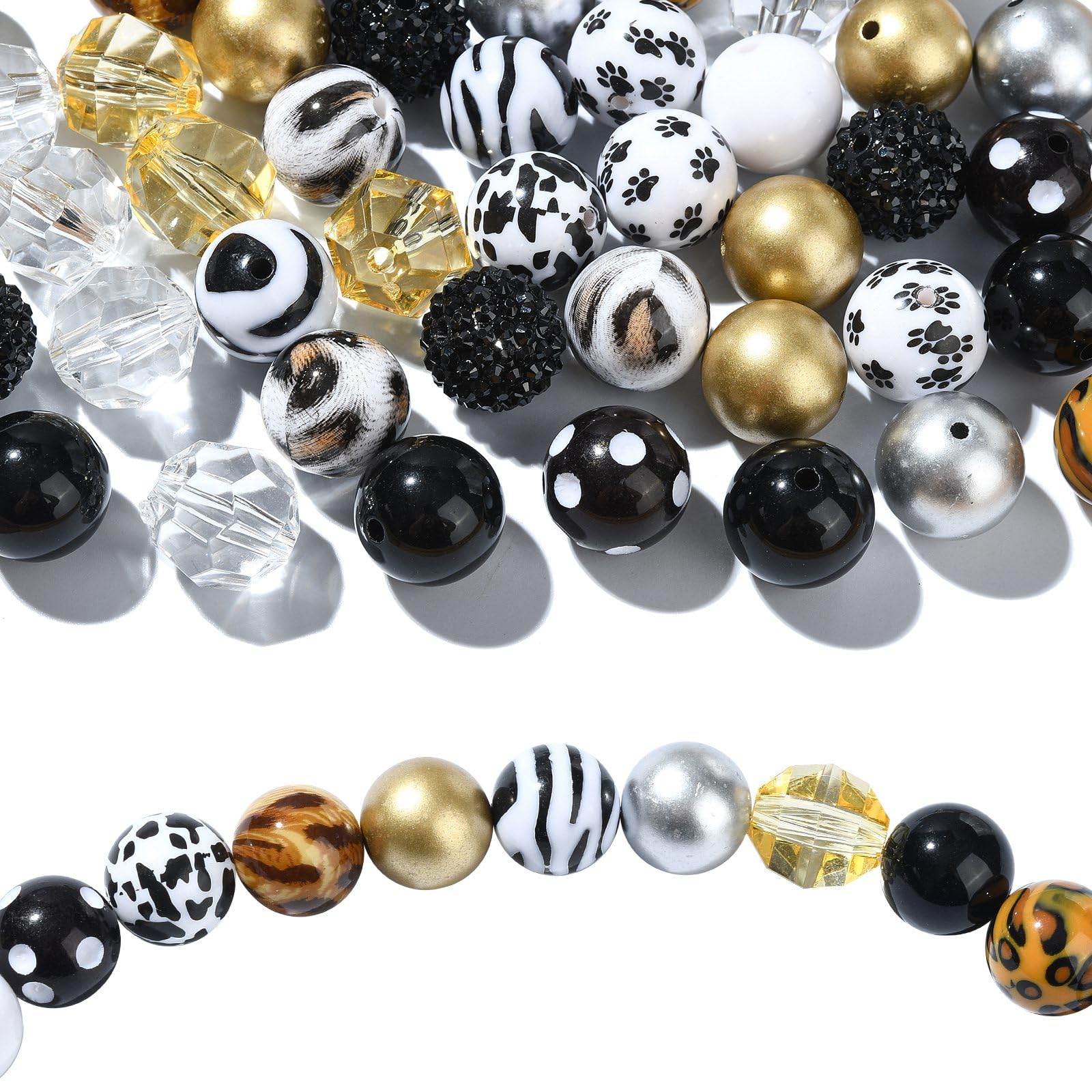 Stiesy 50Pcs Animal Themed Chunk Beads 20mm Bubblegum Beads Imitation Zebra Leopard Skin Printed Acrylic Spacer Beads with Chains Metal Finding Beads Bulk for Bracelet Jewellry Making DIY Craft Pen - Image 3