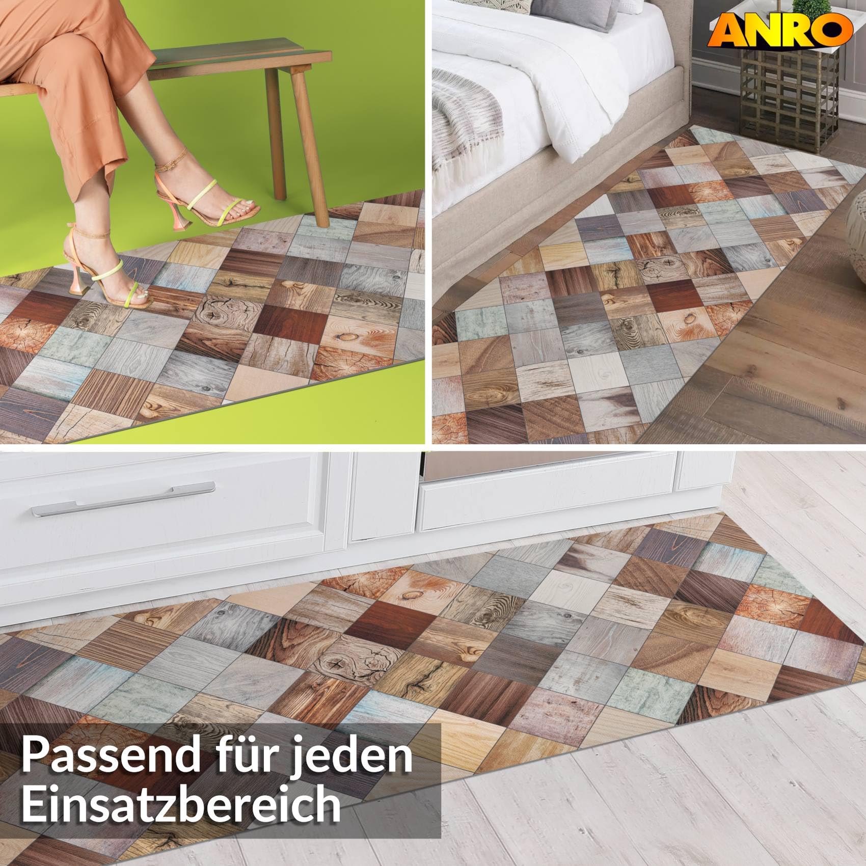 ANRO Küchenläufer Teppichläufer abwaschbar Läufer Flur rutschfest pflegeleicht Holz Patchwork 240 x 52 cm