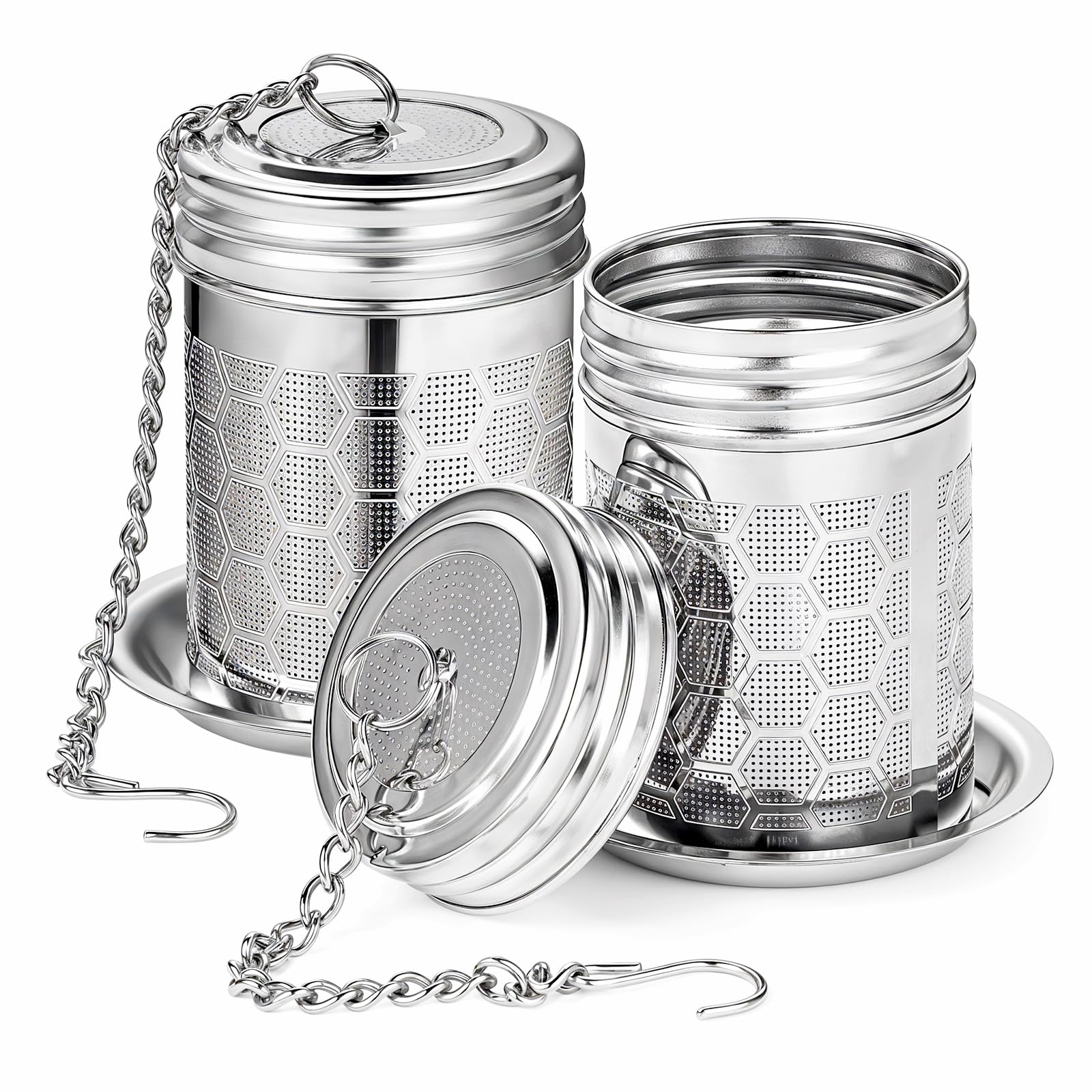 2 Pack Tea Strainers Infuser for Loose Tea 304 Stainless Steel Mesh Loose Leaf Steeper Diffuser with Chain Hook and Threaded Lid for Black Tea, Spices and Seasonings