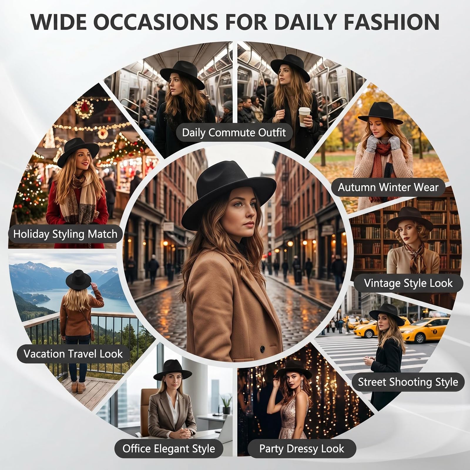 Classic Black Jazz Hat Fashion Fedora Hat Large Bord Porc Tarte Cap élégant Laine Feutre Hiver Hommes Femmes Chapeaux