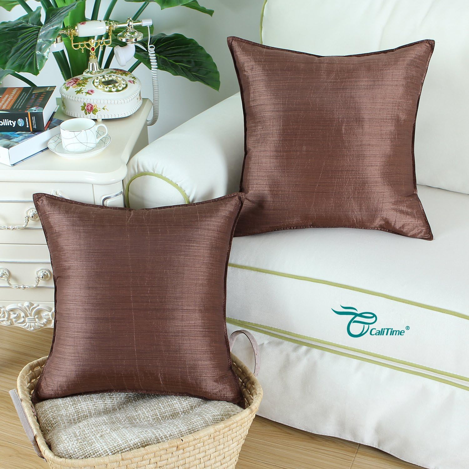 CaliTime Pack of 2 Silky Throw Pillow Covers Cases for Couch Sofa Bed Modern Light Weight Dyed Striped 22 X 22 Inches Coffee