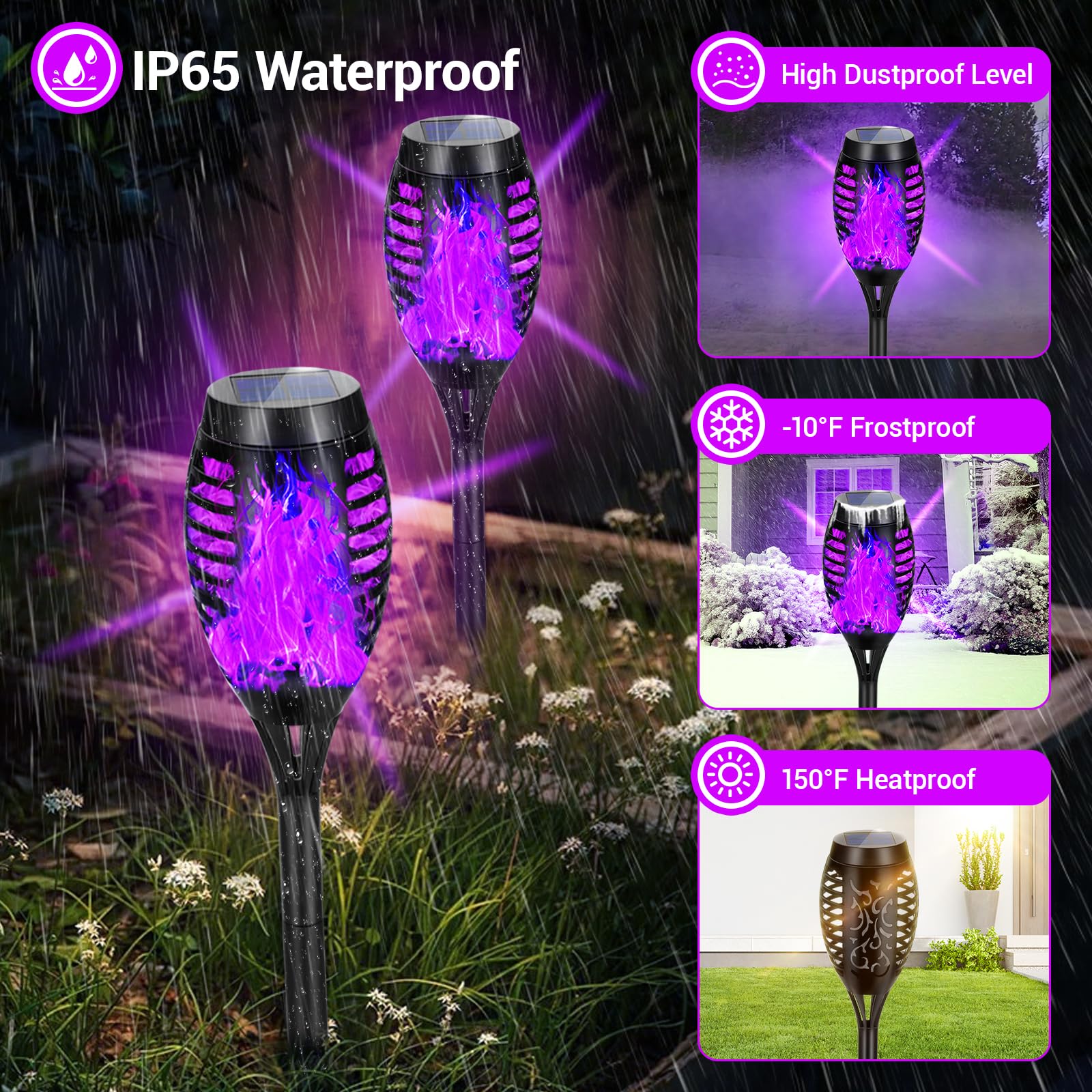 Luces solares para exteriores, decoraciones de Halloween, paquete de 4 luces solares moradas mejoradas con llama parpadeante, luces de Halloween impermeables para exteriores, antorchas Tiki para