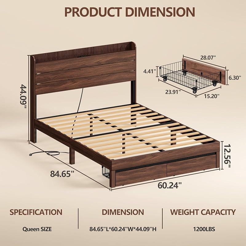 OURPIC Queen Bed Frame with Storage Wood Headboard, 2 Drawers, Walnut image 2