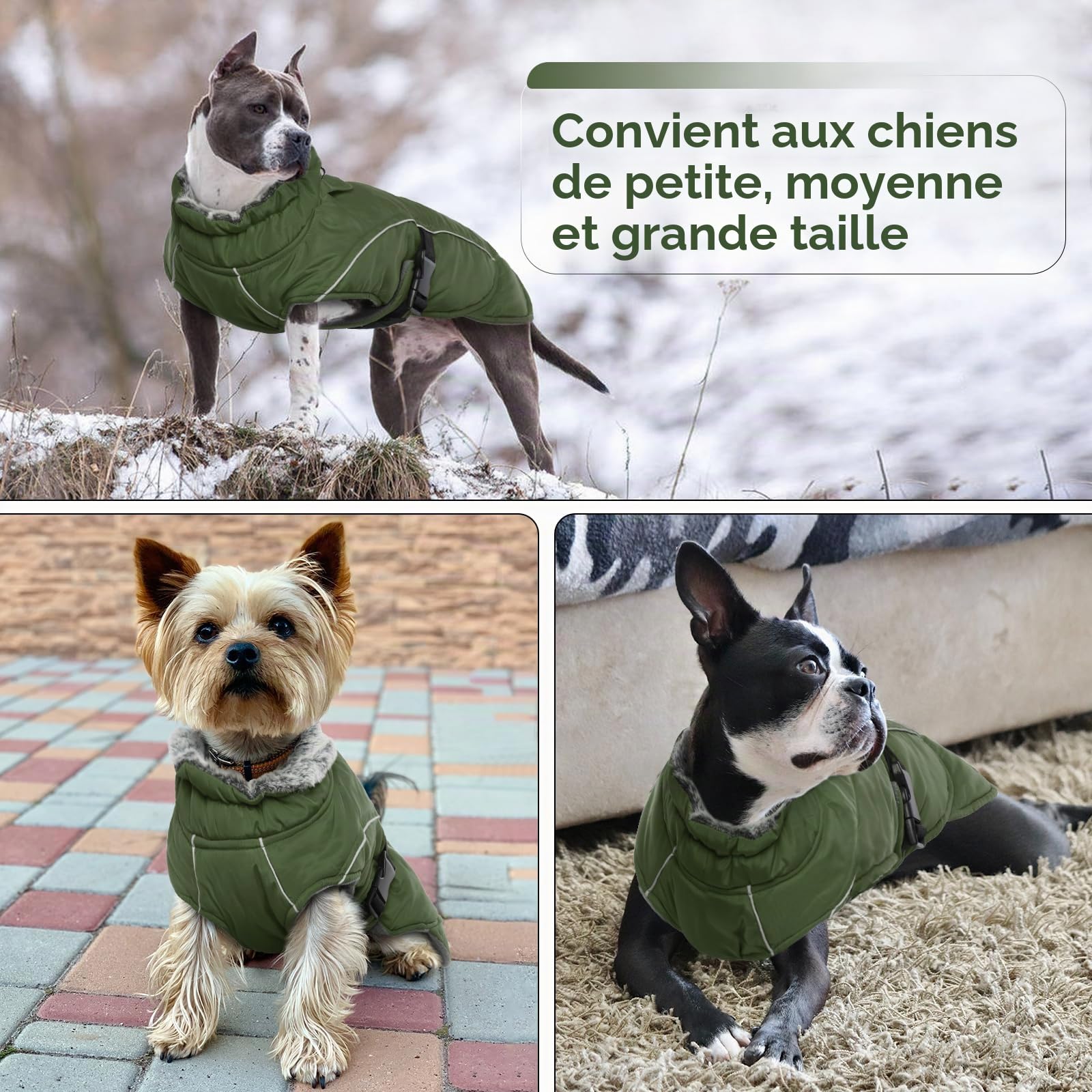 Manteaux d'hiver pour Chiens, Manteau Polaire Chien Grande Gilet Chien Hiver Manteau pour Bouledogue Francais Chihuahua avec Bandes Réfléchissantes(Vert Armée, 2XL)