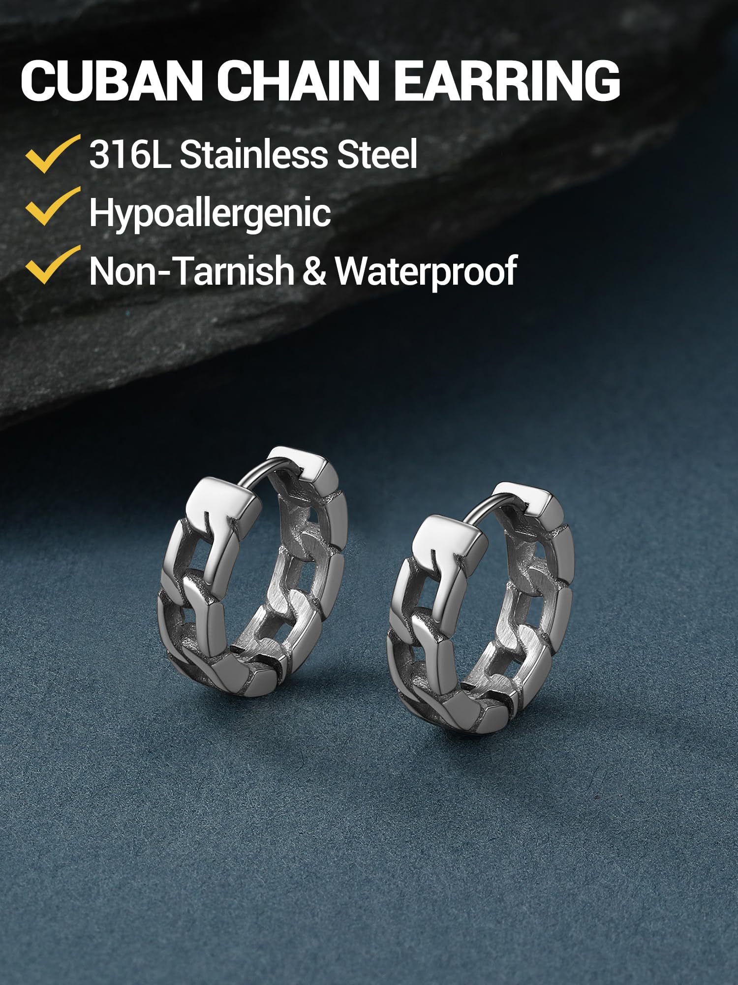 Chunky Hoop Earrings for Men Women, Skull/Infinity Pattern, Spike/Cuban Links 4 Design Options, Black/18K Gold Plated 316L Stainless Steel, Lightweight Earrings, Come Gift Box