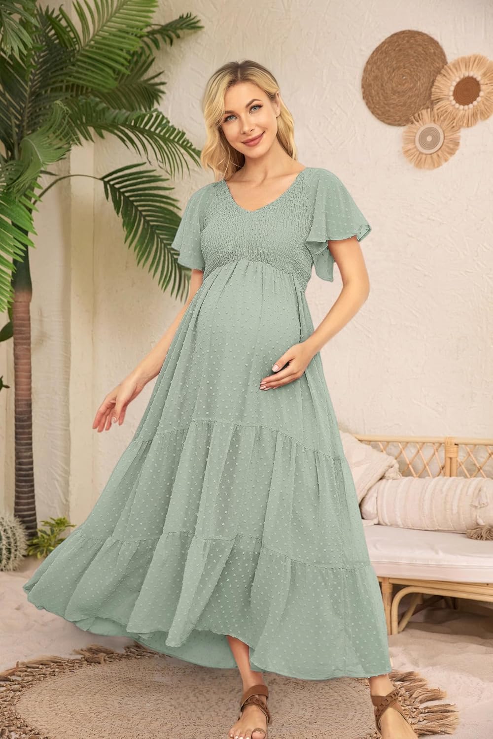 Swiss Dot Smocked Maternity Dress for Baby Shower Photoshoot Casual V Neck Ruffle Sleeve Empire Waist Tiered Boho Dress
