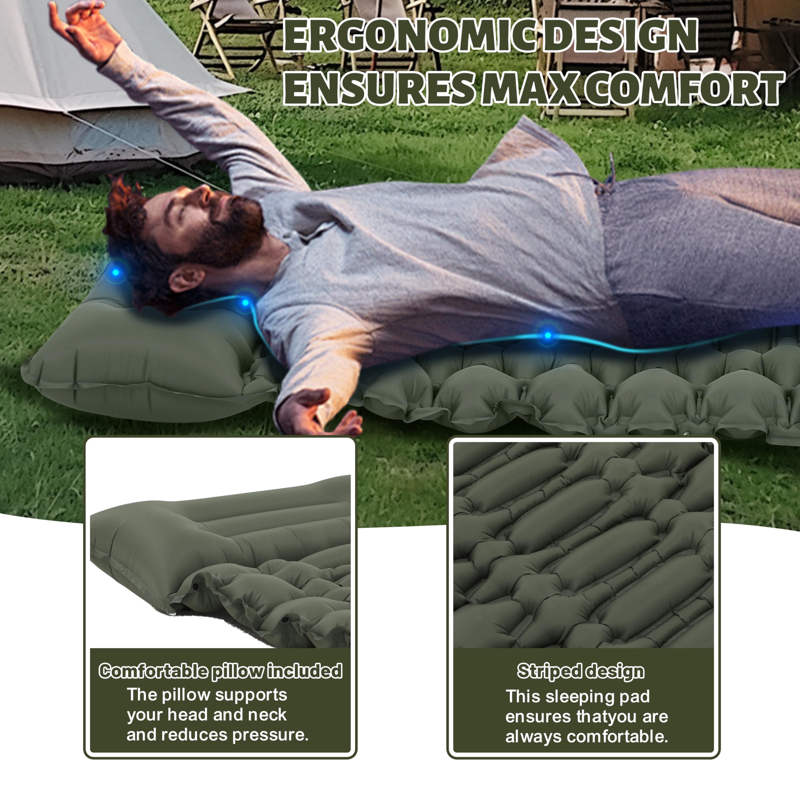 Materassino autogonfiabile, da campeggio, ultraleggero, gonfiabile, con pompa a pressione e cuscino, impermeabile, per escursioni, tenda, spiaggia (verde)