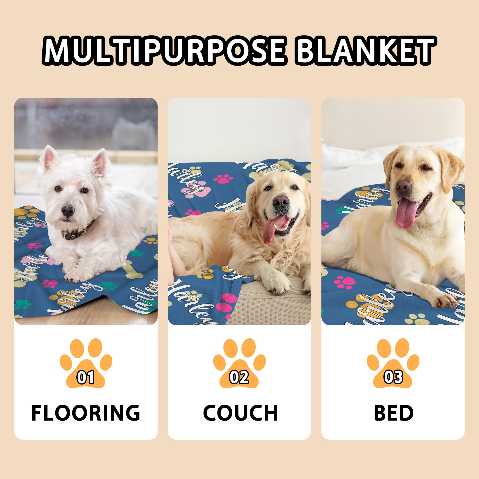Differ More Personalized Dog Blanket for Large & Small & Medium Dog, Custom Your Pet Name, Custom Dog Blanket with Paw & Bone Prints, Puppy Essentials, Pubby Blanket, Dog Blanket for Bed Kennel