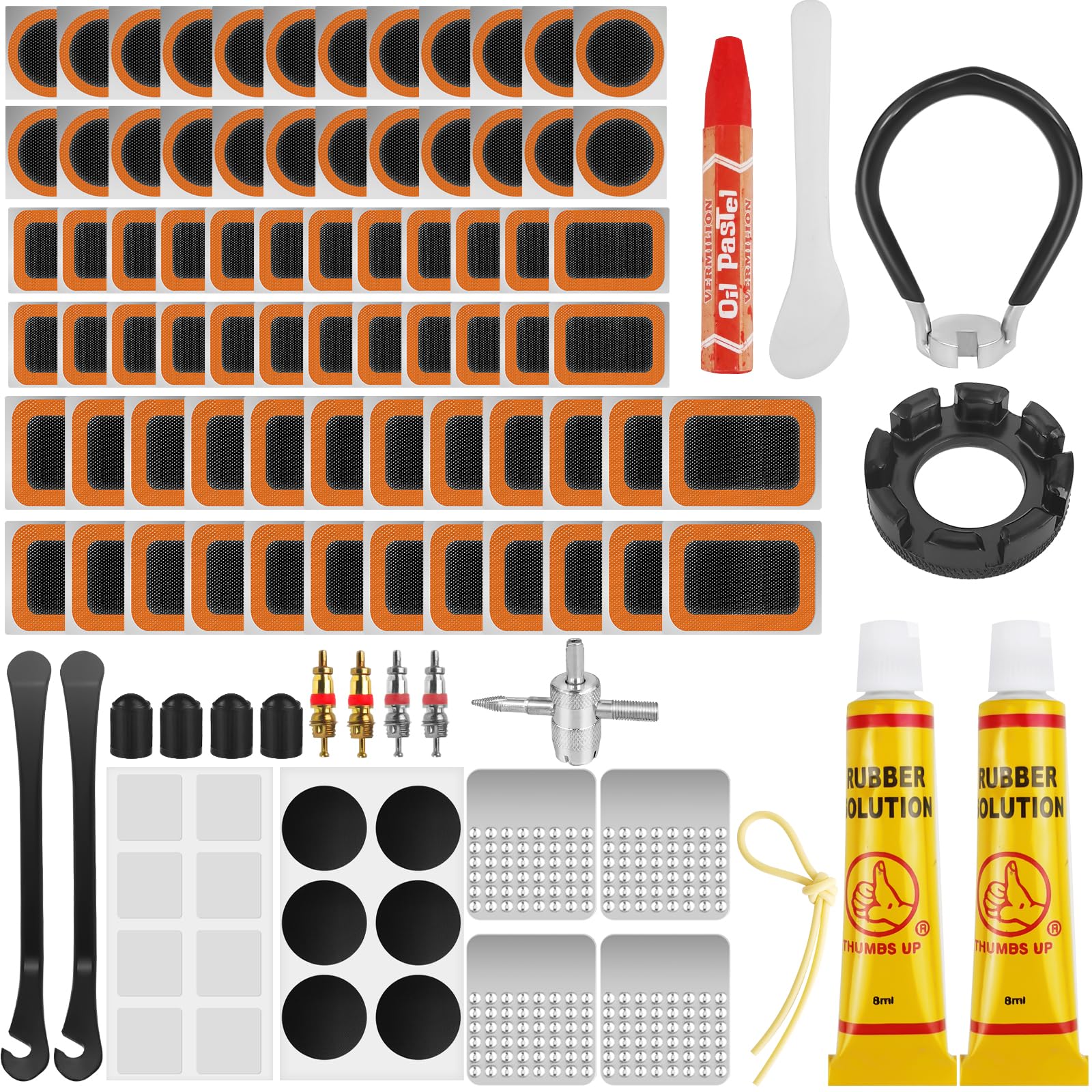 Ysimple 108Pcs Puncture Repair Kit Bike Tyre, Bike Puncture Repair Kit with Patches/Spoke Wrench/Spoke Key, Bicycle Inner Tube Scabs Tyre Repair Kit for Mountain, Commuter, Bikes, Moto