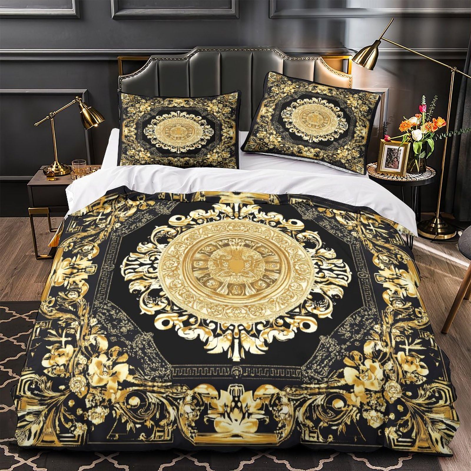 Housse de couette baroque style orné or 135x200 parure lit microfibre super douce