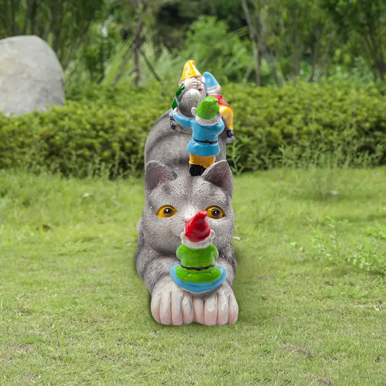 Adorable Cat with Gnomes Garden Statue, Hand-Painted Resin Outdoor Decor for Patio & Lawn, Unique Gift for Cat Lovers & Mothers, Weatherproof Yard Ornament - Image 5