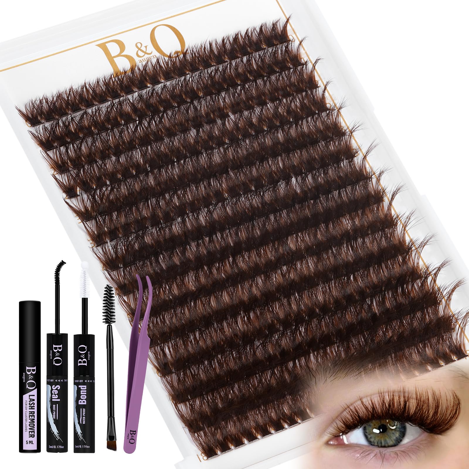 B&Q Mocha Brown Lash Clusters Kit | 280 Pcs Brown Wispy & Natural Eyelash Clusters for Beginner DIY, Complete Lash Extension Kit with Bond and Seal,