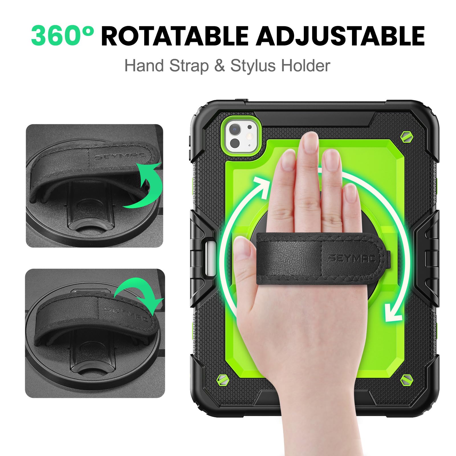 SEYMAC Custodia protettiva antiurto per iPad Pro 11 pollici 2024 (M4), resistente e antiurto con pellicola proteggi schermo, supporto girevole a 360°, tracolla e portapenne, per iPad Pro 11 2024