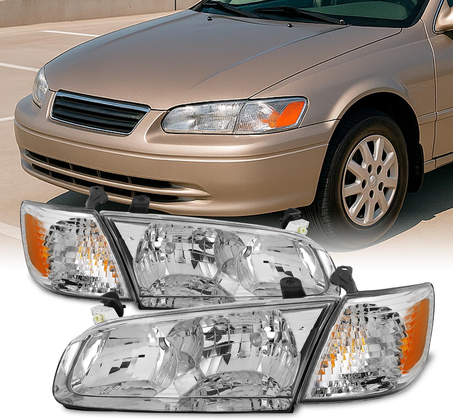 AKKON - For 2000 2001 Toyota Camry OE Style Chrome Housing Headlights Lamp Assembly Replacement