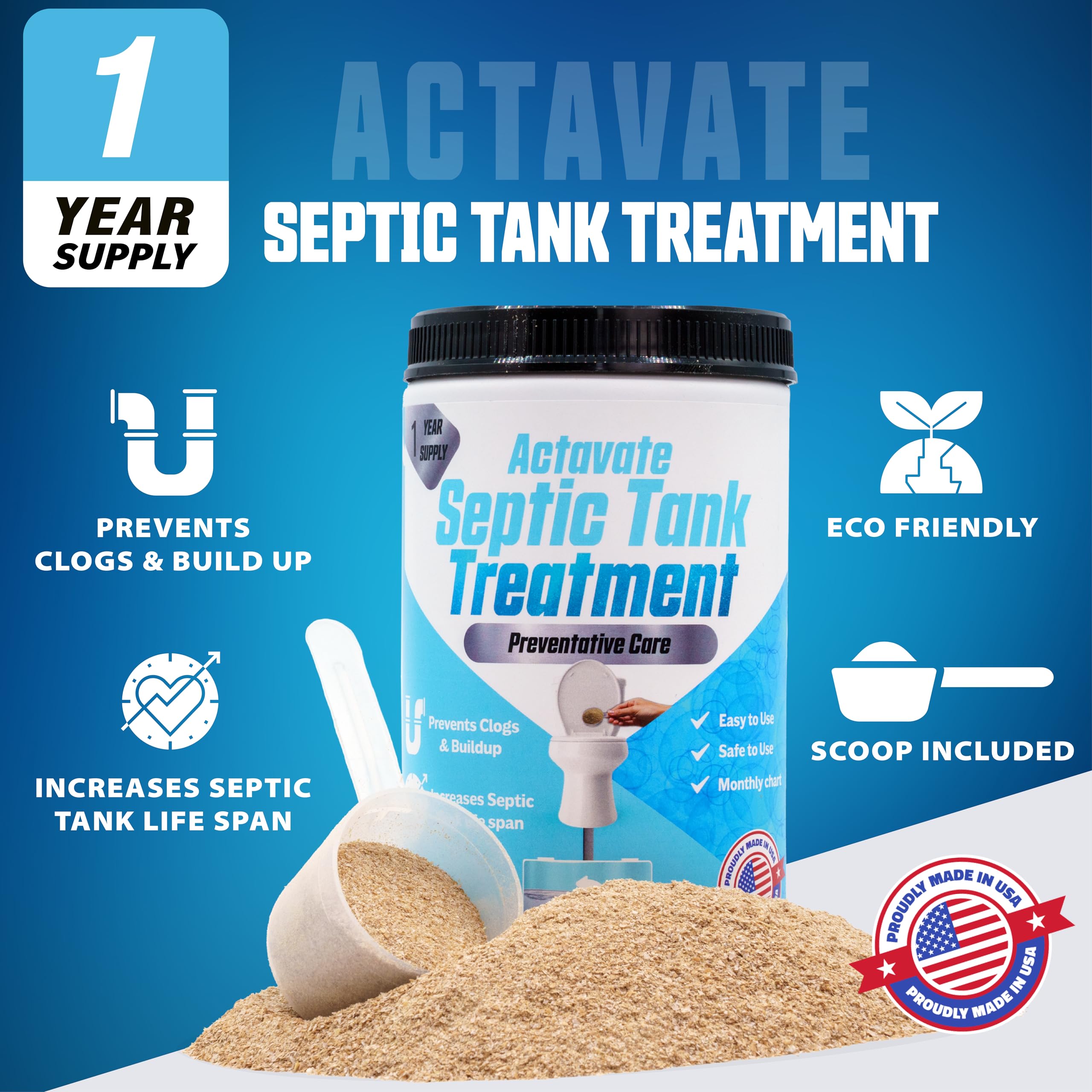 Actavate Septic Tank Treatment - 1 year supply | Eco-Friendly Solution for Clogs, Buildup, and Odor Control | Extends Septic Tank System Life | Prevents Costly Repairs - (1lb)
