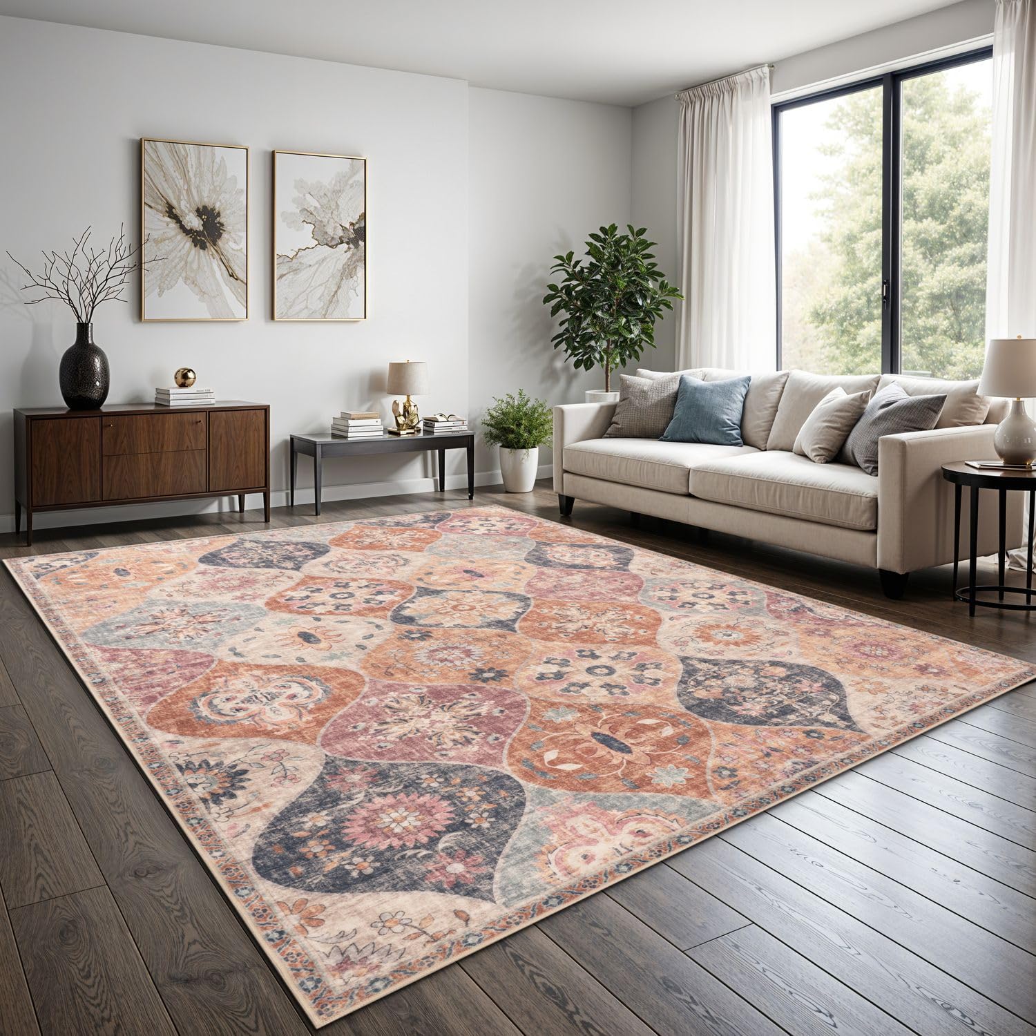 TT Home Boho Vintage Teppich Wohnzimmer Kurzflor - Retro Design, rutschfest & pflegeleicht, modern für Esszimmer & Flur Waschbar, Farbe:Mehrfarbig, Größe:160x220 cm