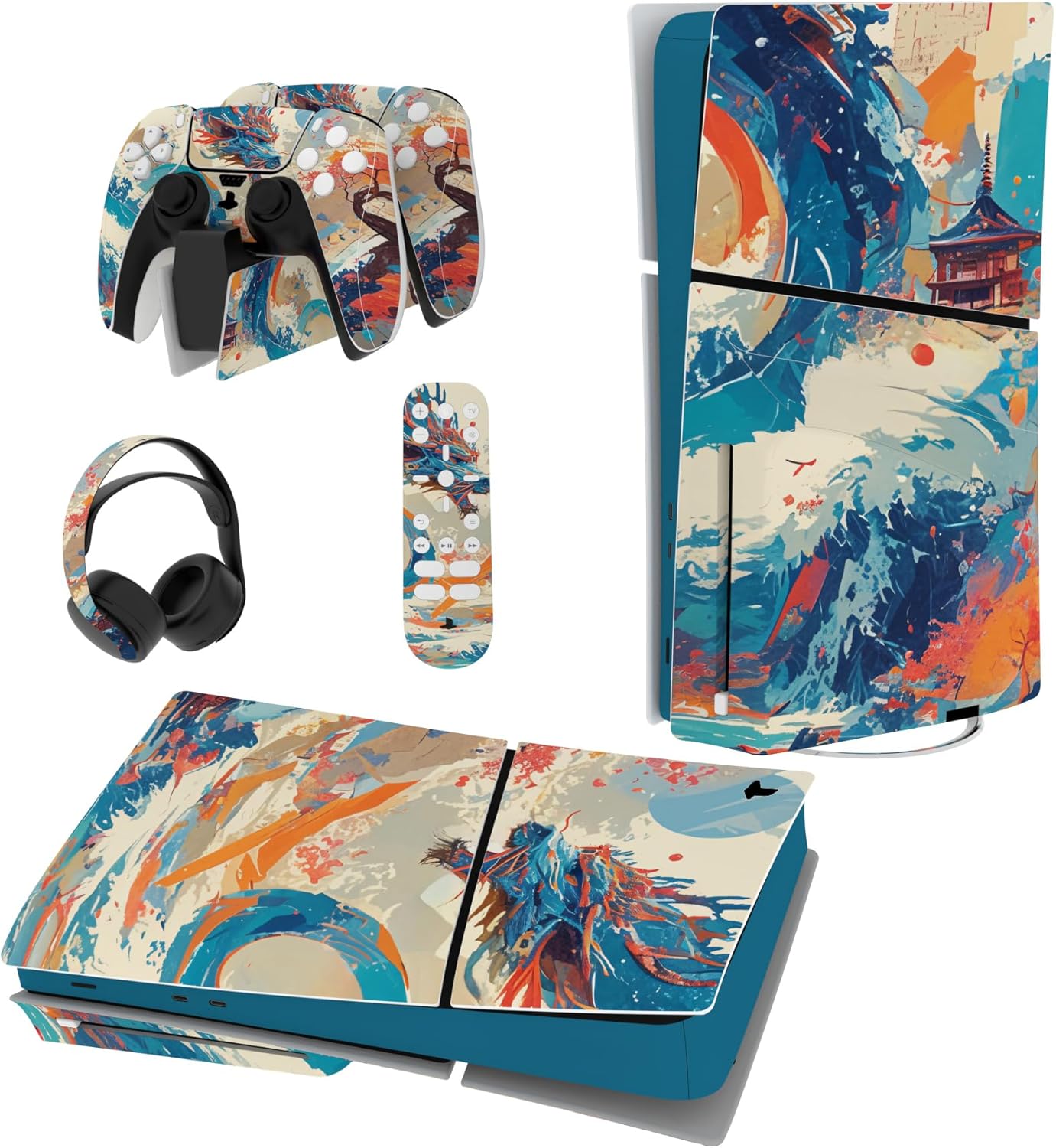 PlayVital Full Set Skin Sticker for ps5 Slim Console Disc Edition (The New Smaller Design), Vinyl Skin Decal Cover for ps5 Controller & Headset & Charging Station - Dragon's Elysium