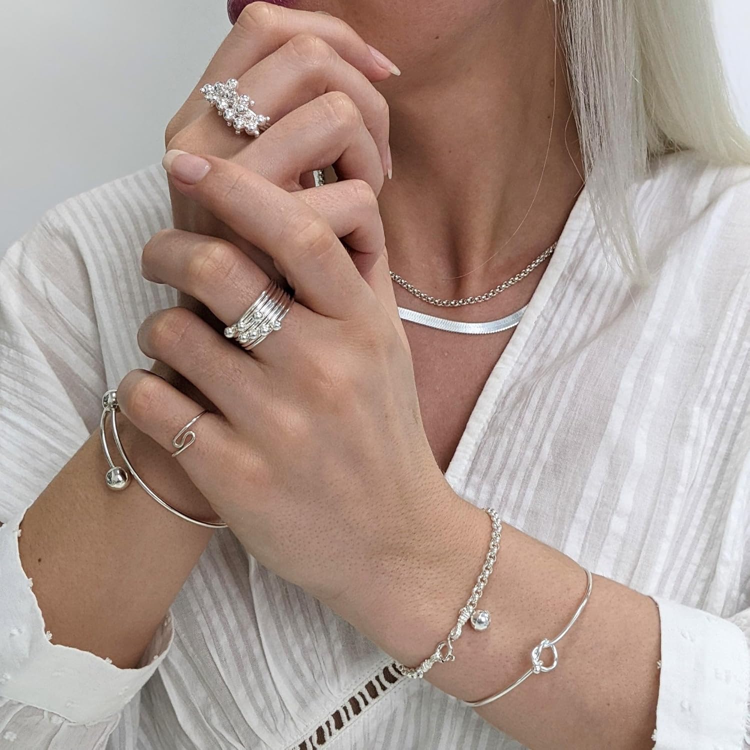 Silverly 925 Sterling Silver Rings for Women - Cluster Bead Solid Silver Rings - Moving Ball Bell Charm Ring - Ladies Statement Jewelry