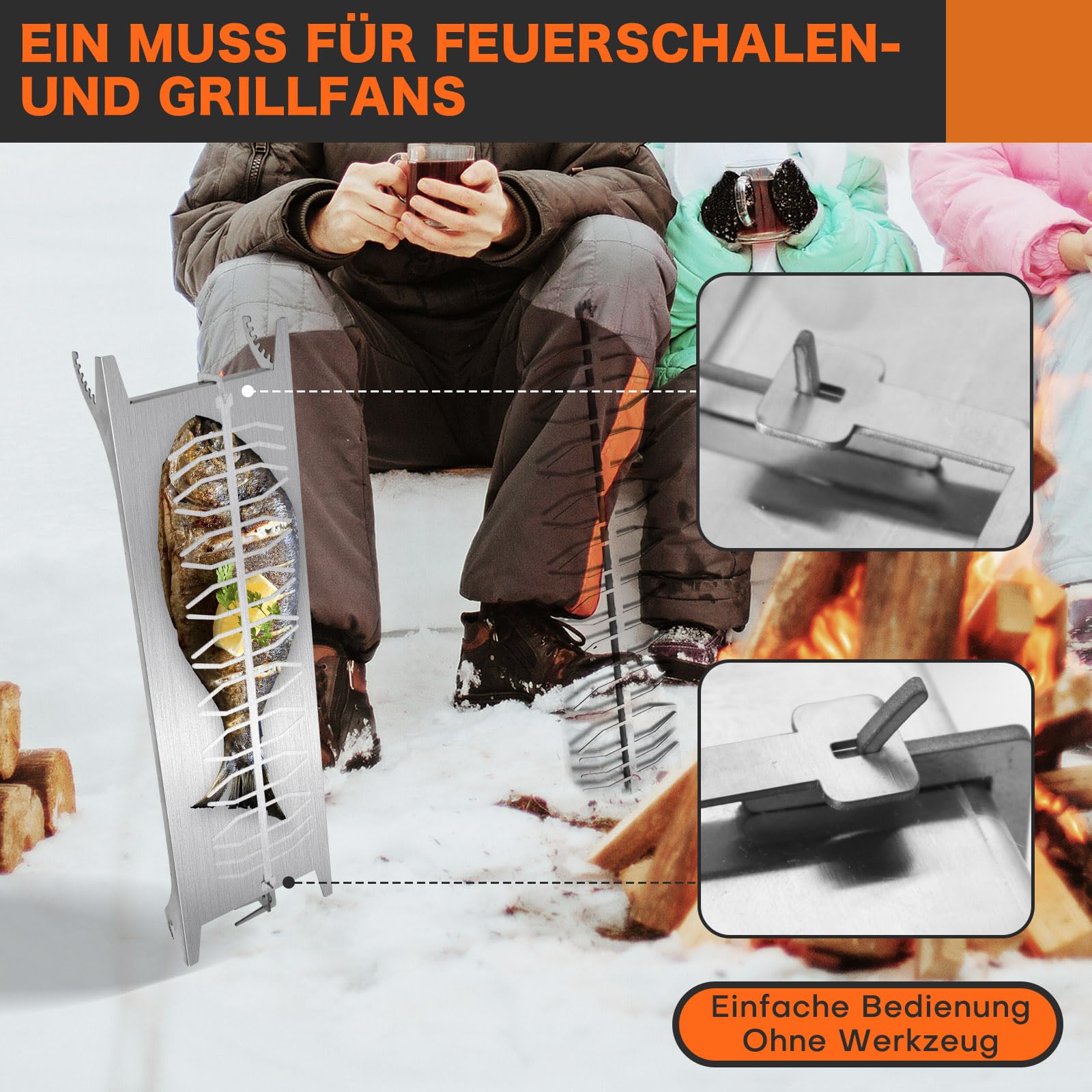 Flammlachsbrett Edelstahl mit Halterung 58 * 18 * 5cm Extra Groß, 5 Stufen Winkelsystem | 20 Fischfilethalterung Flammlachs Fisch Flammlachsbretter für Feuerschalen Grillpartys Camping