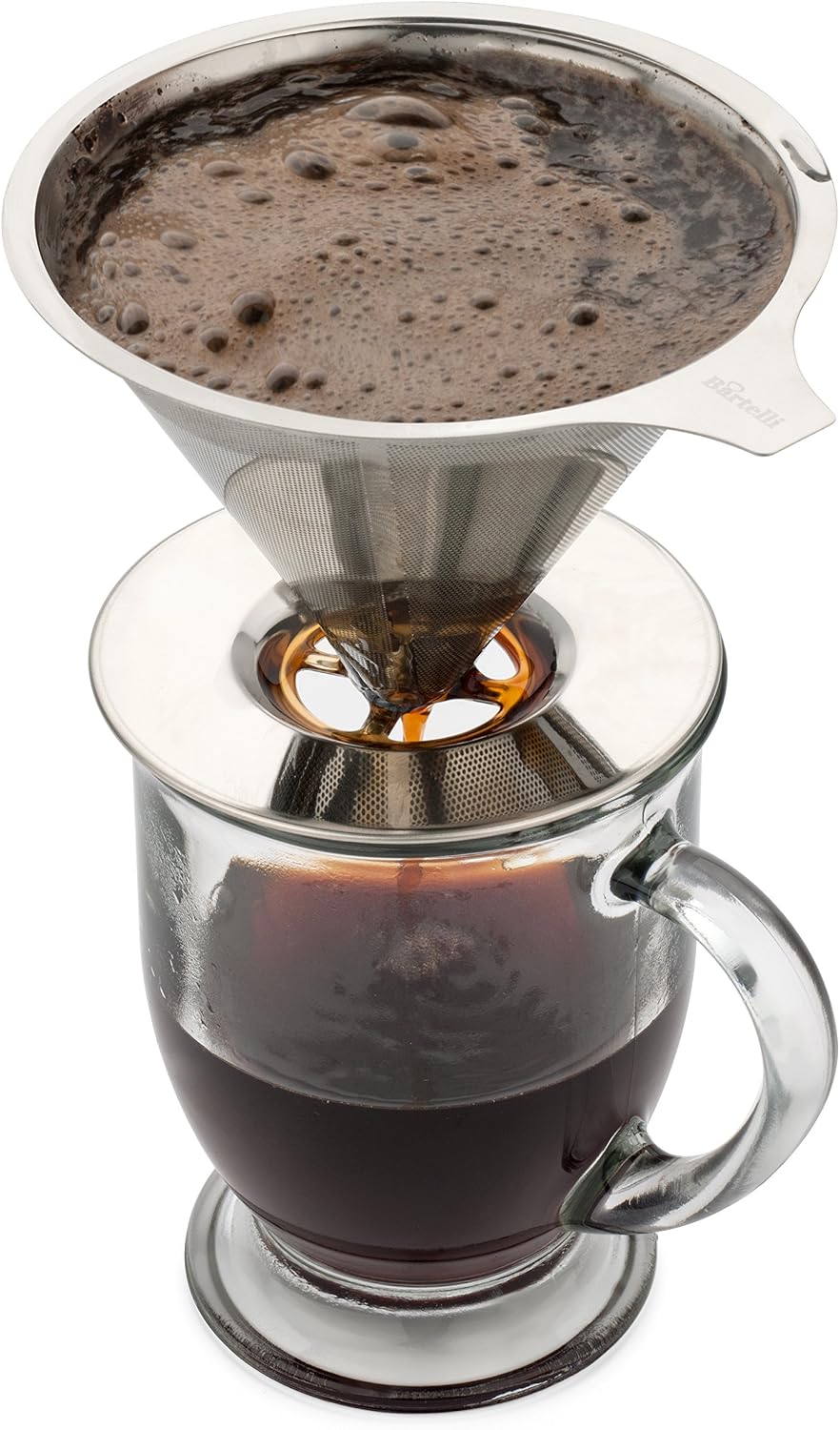 Bartelli Paperless Pour Over Coffee Dripper and Brewer - Permanent Reusable Stainless Steel Filter - Single Serve Cup or Small Pot