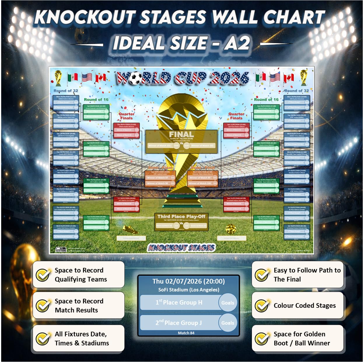World Cup 2026 Wall Chart & Sweepstake Kit – Calcio Wall Planner z posterem, rejestrem A4 i 48 biletami
