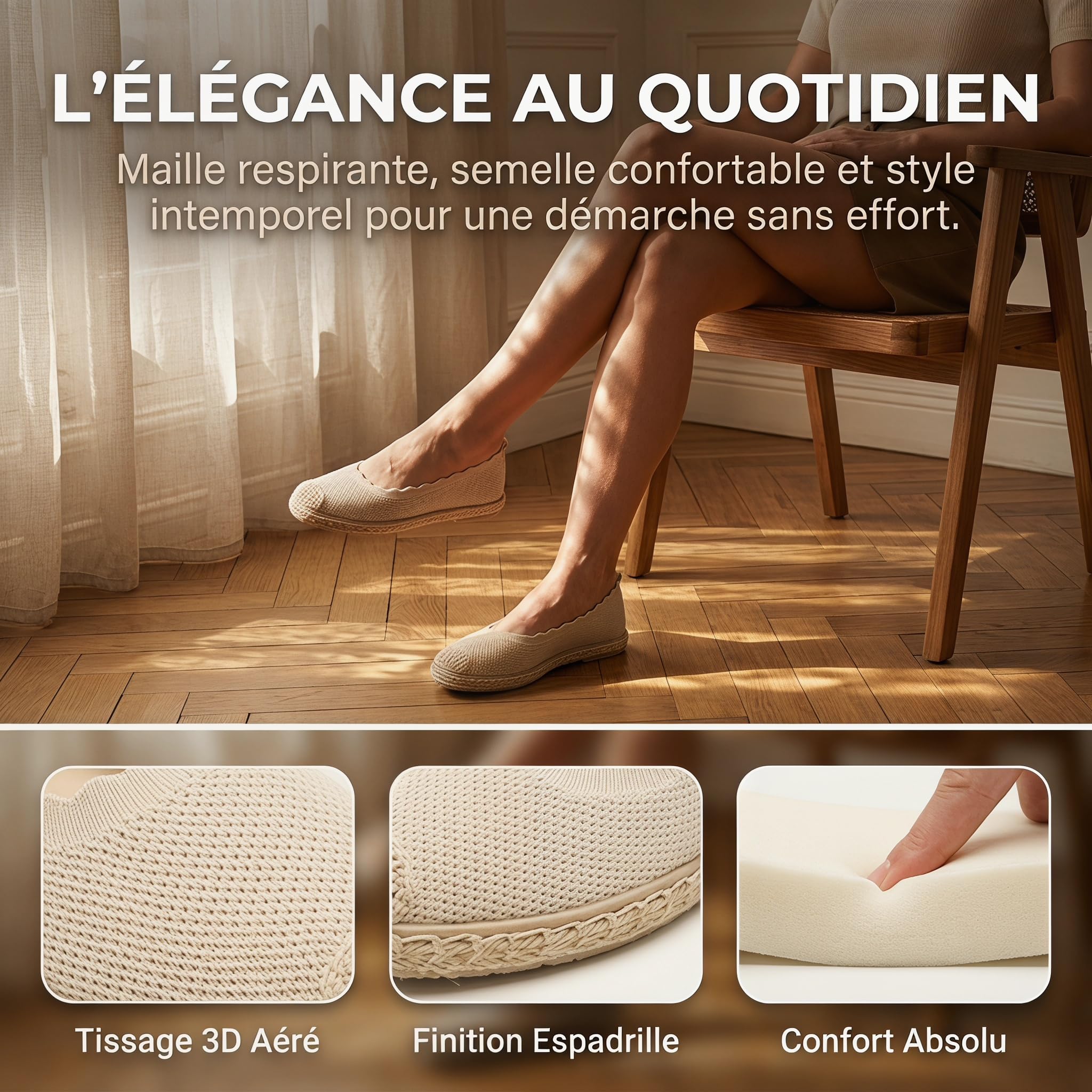 GLAMORA Espadrilles d'été pour femme bicolore en tricot respirant avec semelle en sparte Chaussures plates sans lacets
