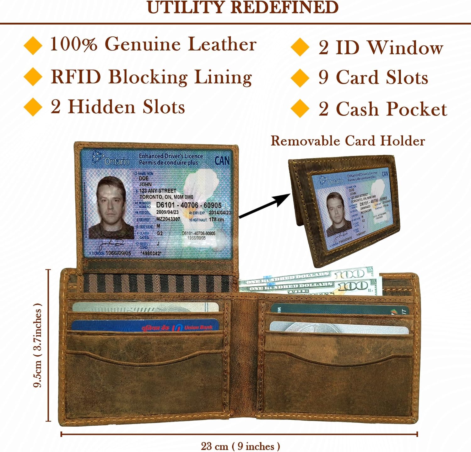American Flag Leather Wallet for Men - 3D Embossed USA Bald Eagle Bifold, Vintage Tan RFID Blocking Slim Card Holder with 9 Slots & 2 ID Windows