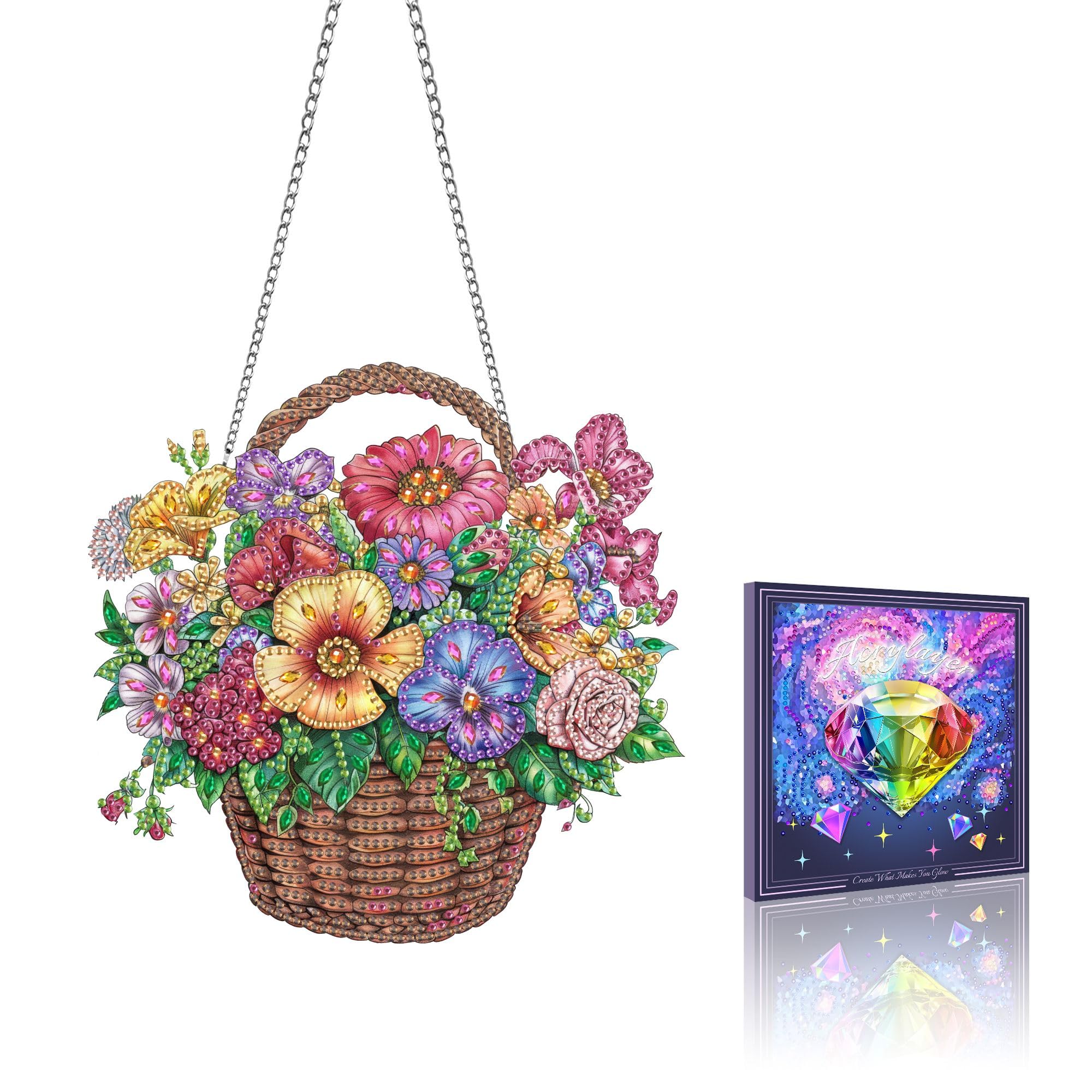 VAIIEYO Flower Basket Diamond Painting Hanging Ornament, Window Hanging Kit with Chain, Special Shaped Crystal Pendant Flower Diamond Art Craft for Gift Home Wall Front Door Garden Decoration