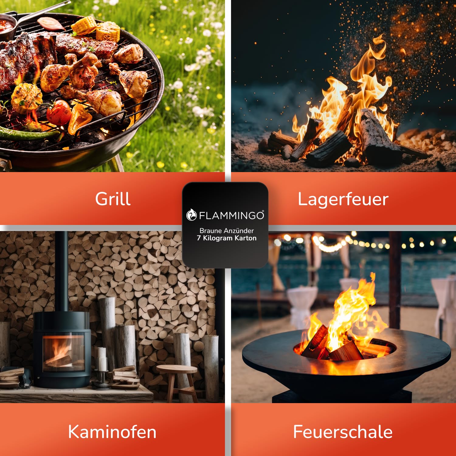 Flammingo® Ökologische Anzündwürfel, braun - ca. 875 Stk, 7 kg Karton - Brenndauer ca. 12 min pro Würfel, 27x27x15 mm - Grillanzünder, Kaminanzünder, Ofenanzünder, Anzündwürfel, Anzündwolle, Geruchlos
