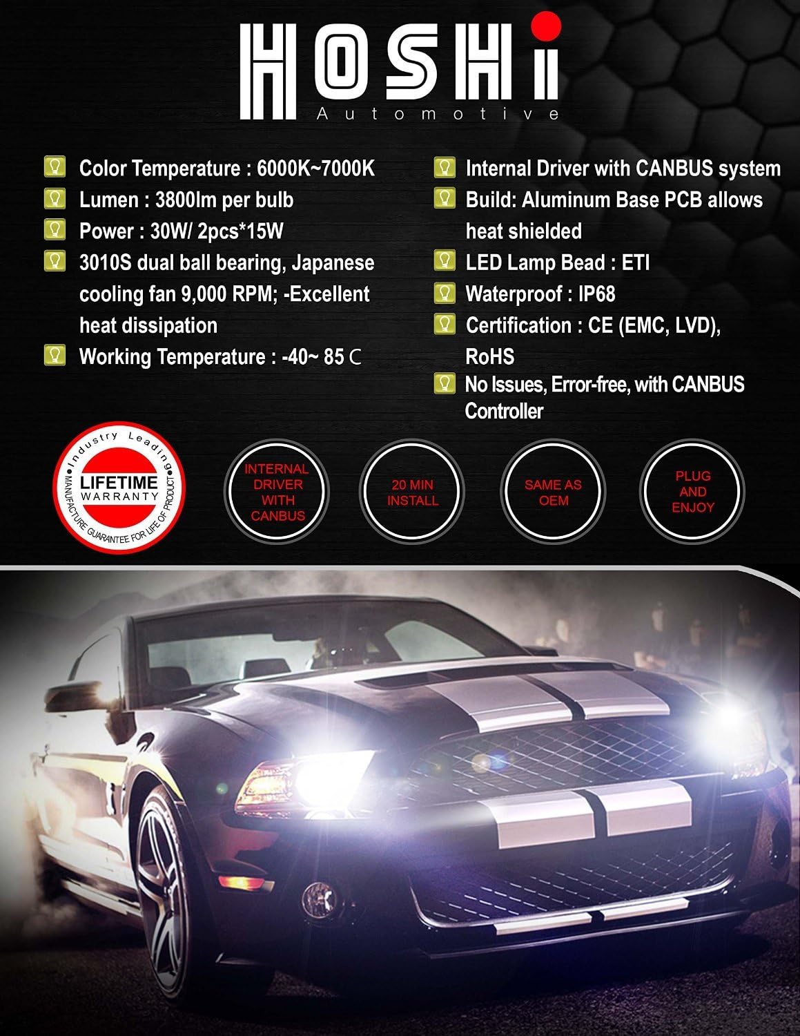 Hoshi LED Headlight - Ultra Clear 6000k True White Light at 8,000Lm LEDs Lighting, Japanese Reliability/Low Heating. Internal Ballast, unibody Design CANBUS Ready