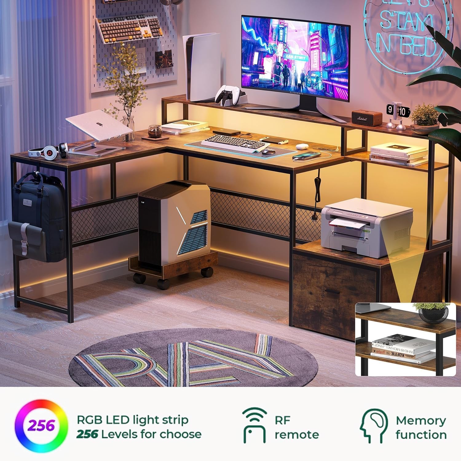 L Shaped Desk with Drawers, 66" Home Office Desk with Power Outlet and Led Strip, Reversible Computer Desk with Storage Shelves & Monitor Stand, Large Corner Desk Gaming Desk, Rustic Brown