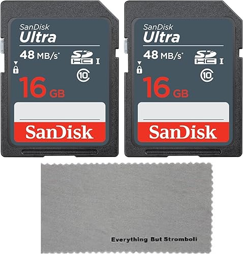 SanDisk Tarjeta de memoria Ultra Flash de 16 GB Clase 10 SD HC - Paquete de 2 con todo menos Stromboli (TM) Paño de limpieza de microfibra