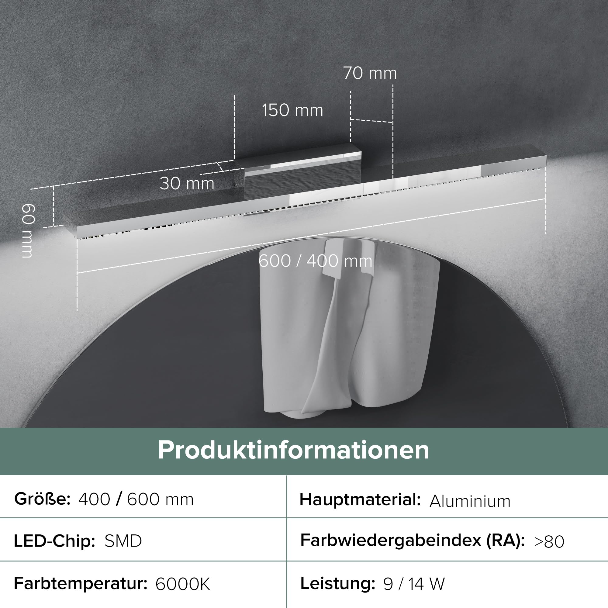 doporro Spiegelleuchte Bad 60cm LED Spiegellampe Badezimmer Lampe | 6000K Badlampe Wand über Spiegel Kaltweiß Badezimmerleuchte 14W Spiegelschrank Beleuchtung, Chrom, Leuchtschein